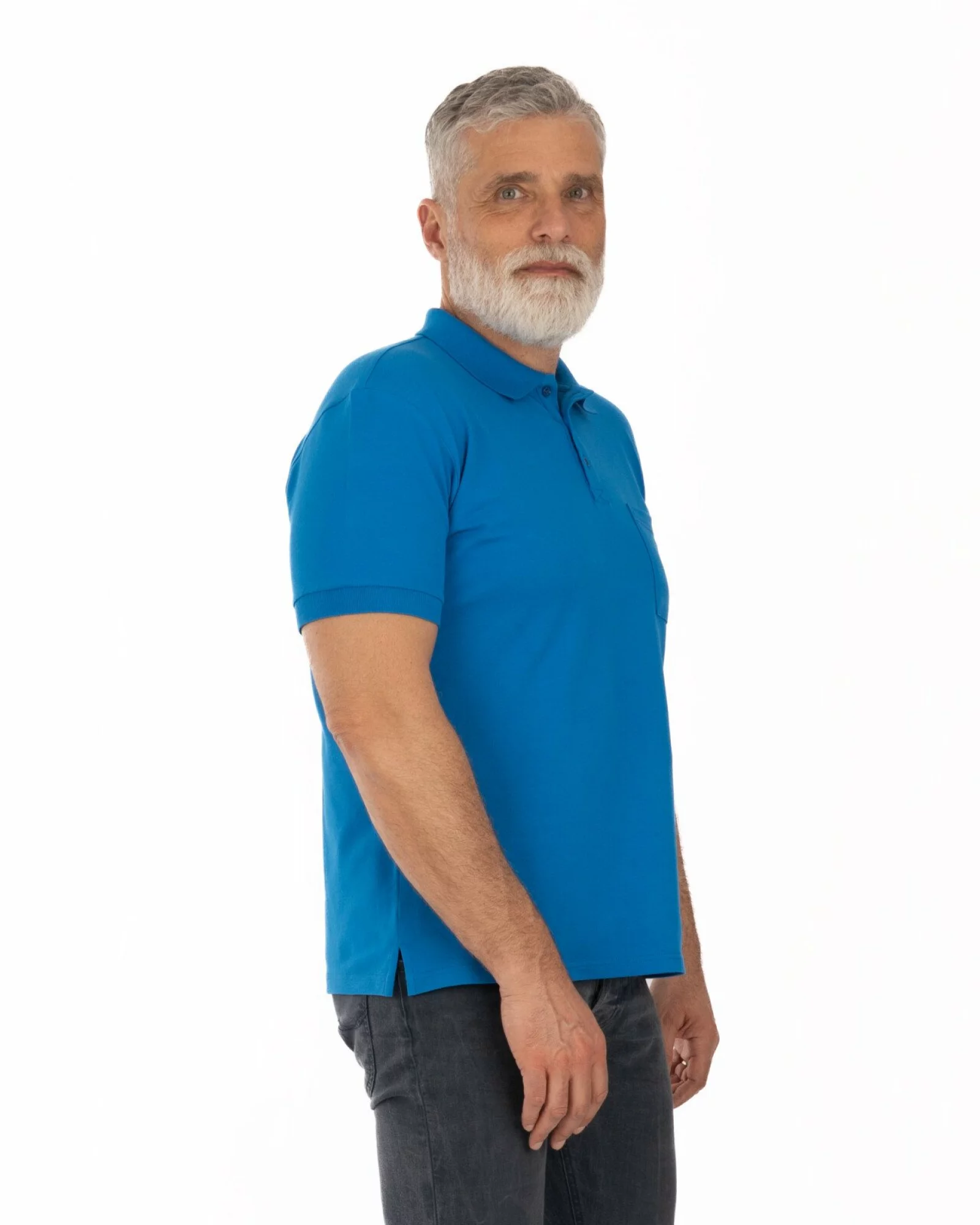 Tricou polo piquet albastru din bumbac cu buzunar