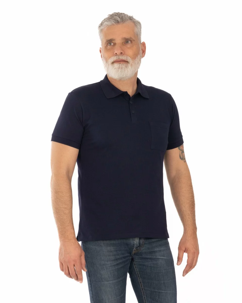 Tricou polo piquet bleumarin din bumbac cu buzunar