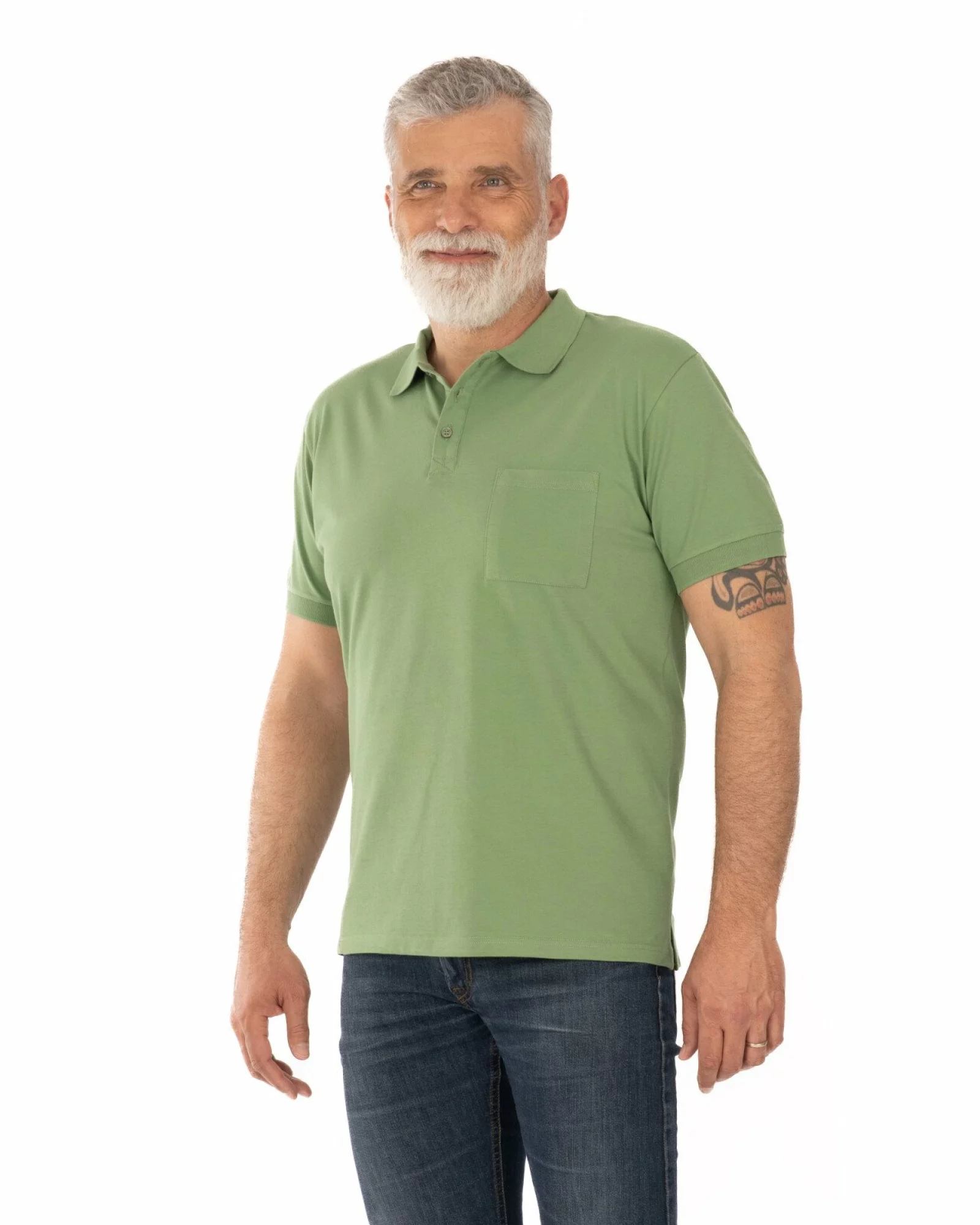 Tricou polo piquet kaki din bumbac cu buzunar