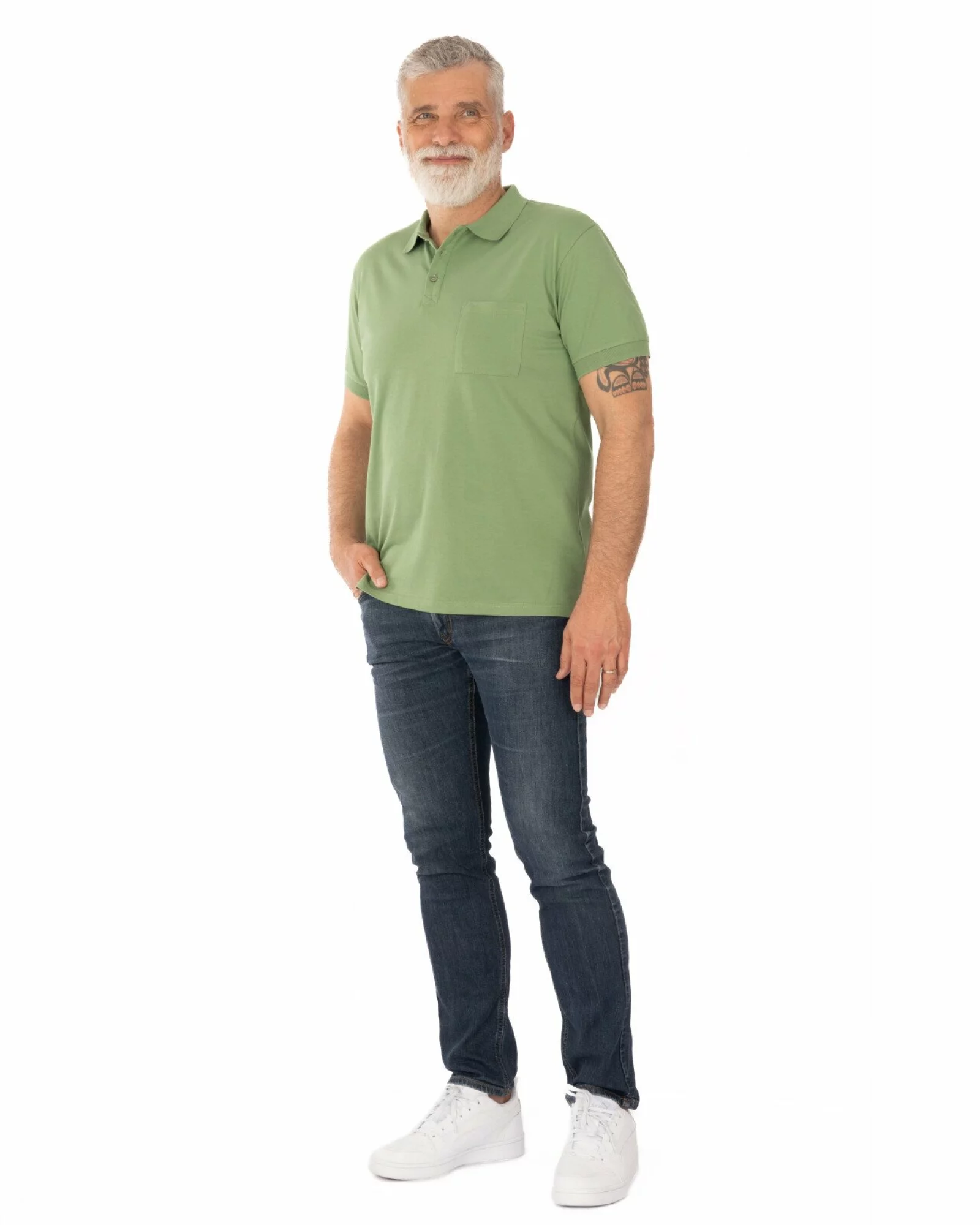 Tricou polo piquet kaki din bumbac cu buzunar
