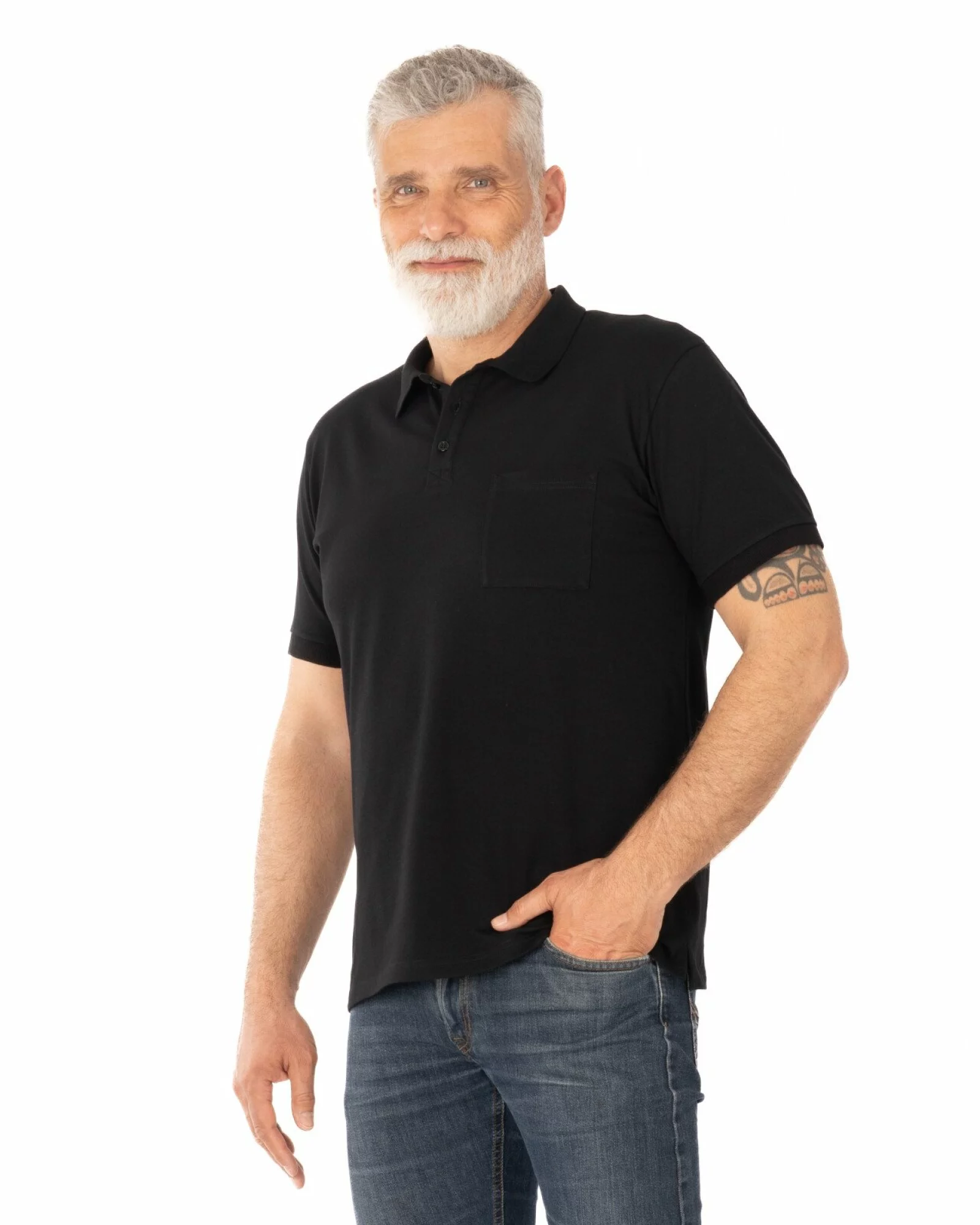 Tricou polo piquet negru din bumbac cu buzunar