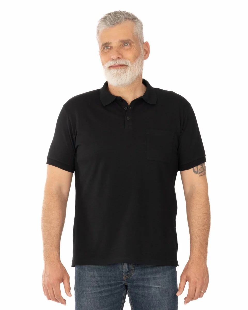 Tricou polo piquet negru din bumbac cu buzunar