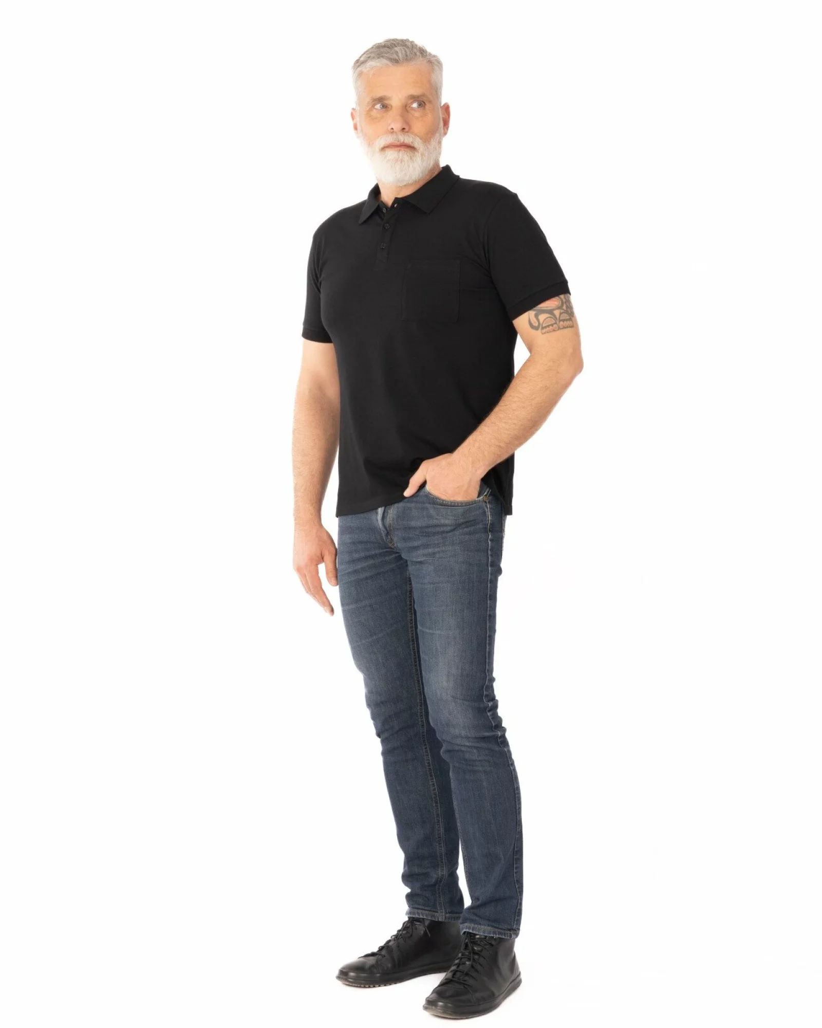 Tricou polo piquet negru din bumbac cu buzunar