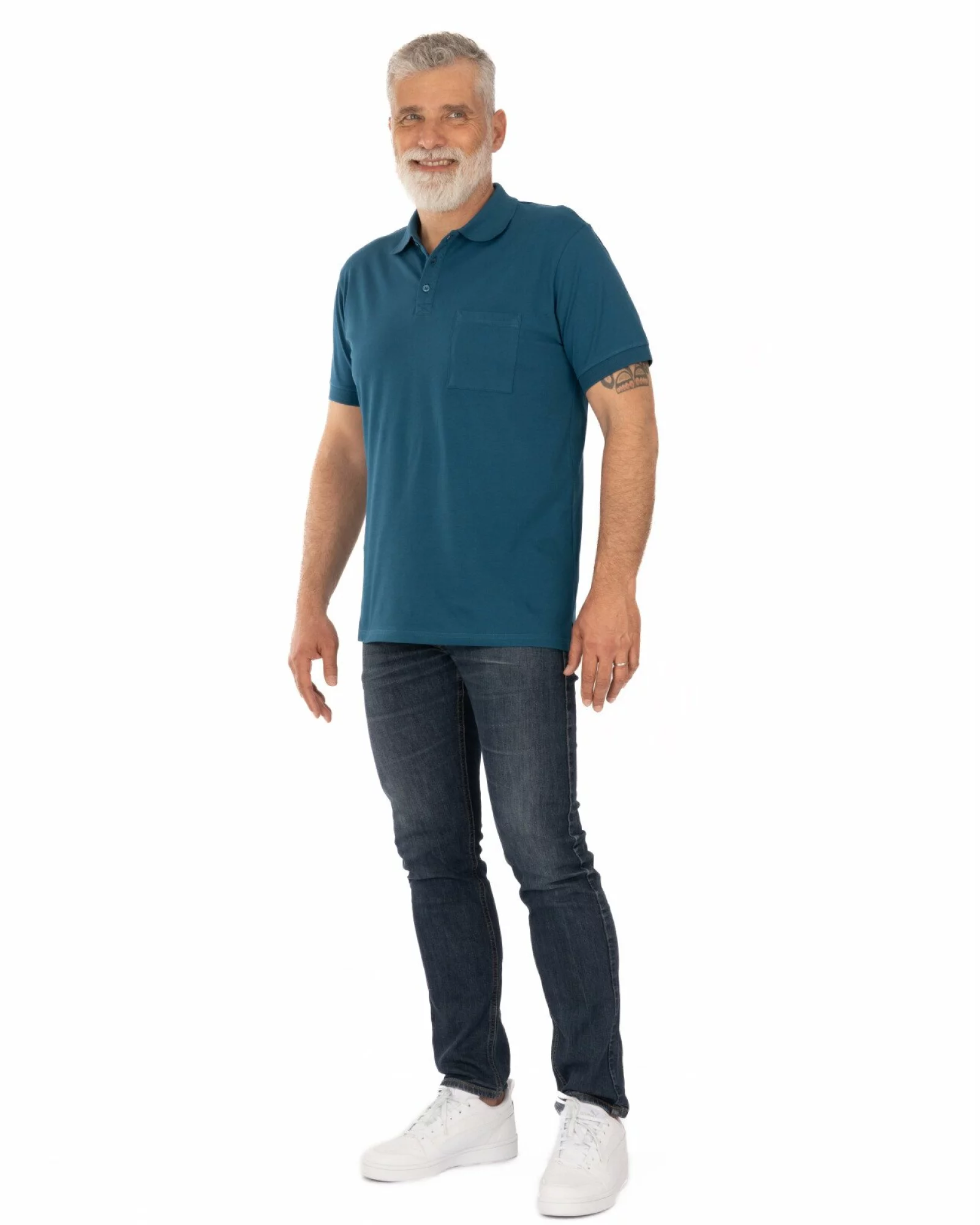 Tricou polo piquet petrol din bumbac cu buzunar