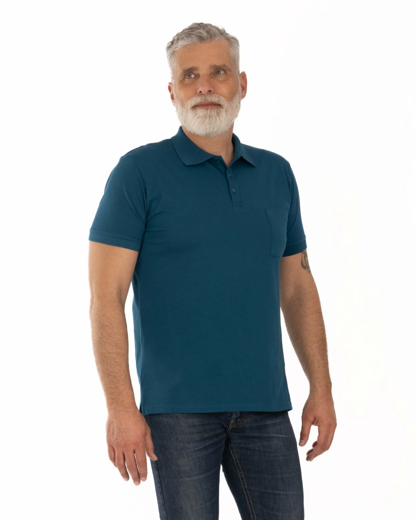 Tricou polo piquet petrol din bumbac cu buzunar