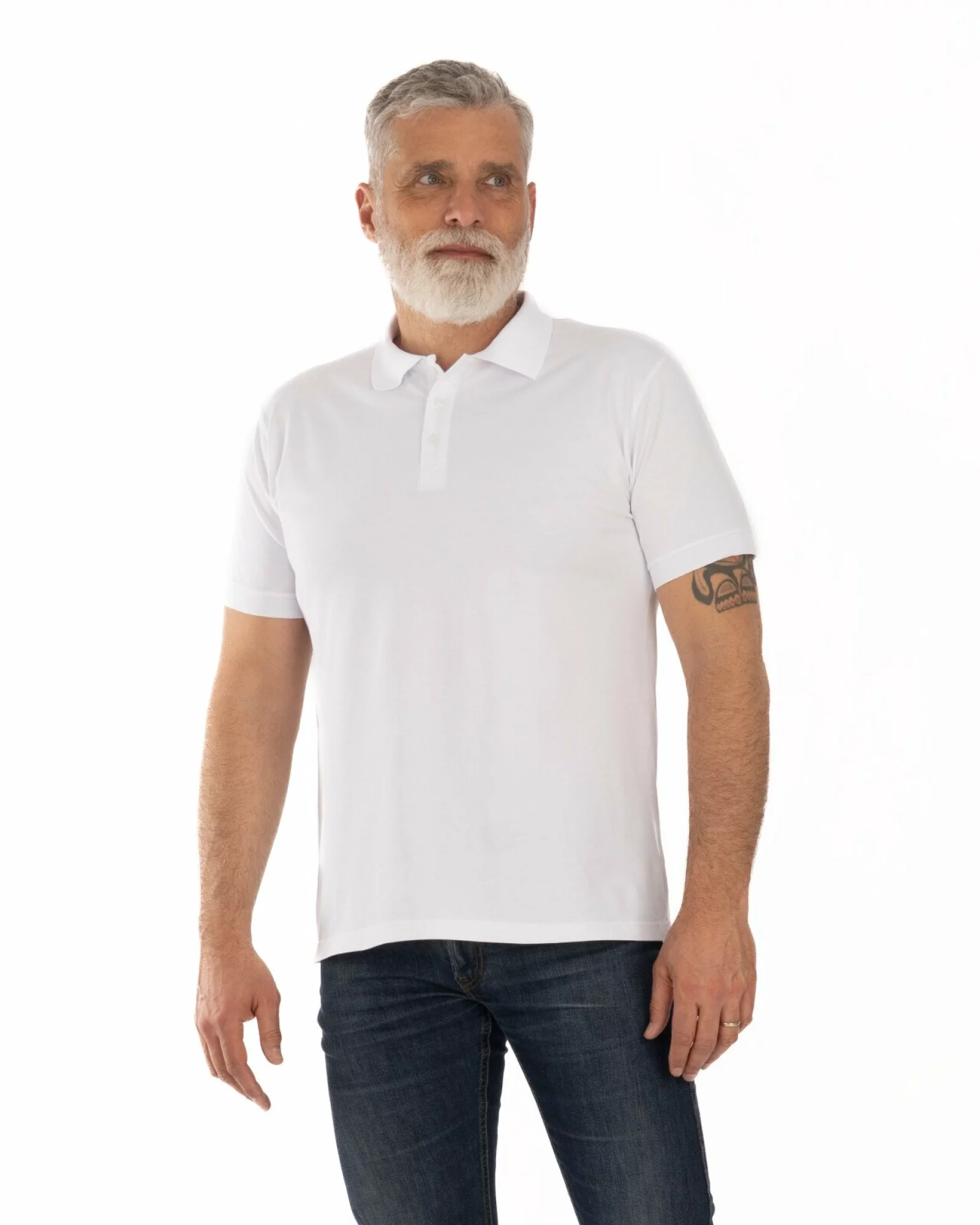 Tricou polo pique alb din bumbac cu inserție imprimată