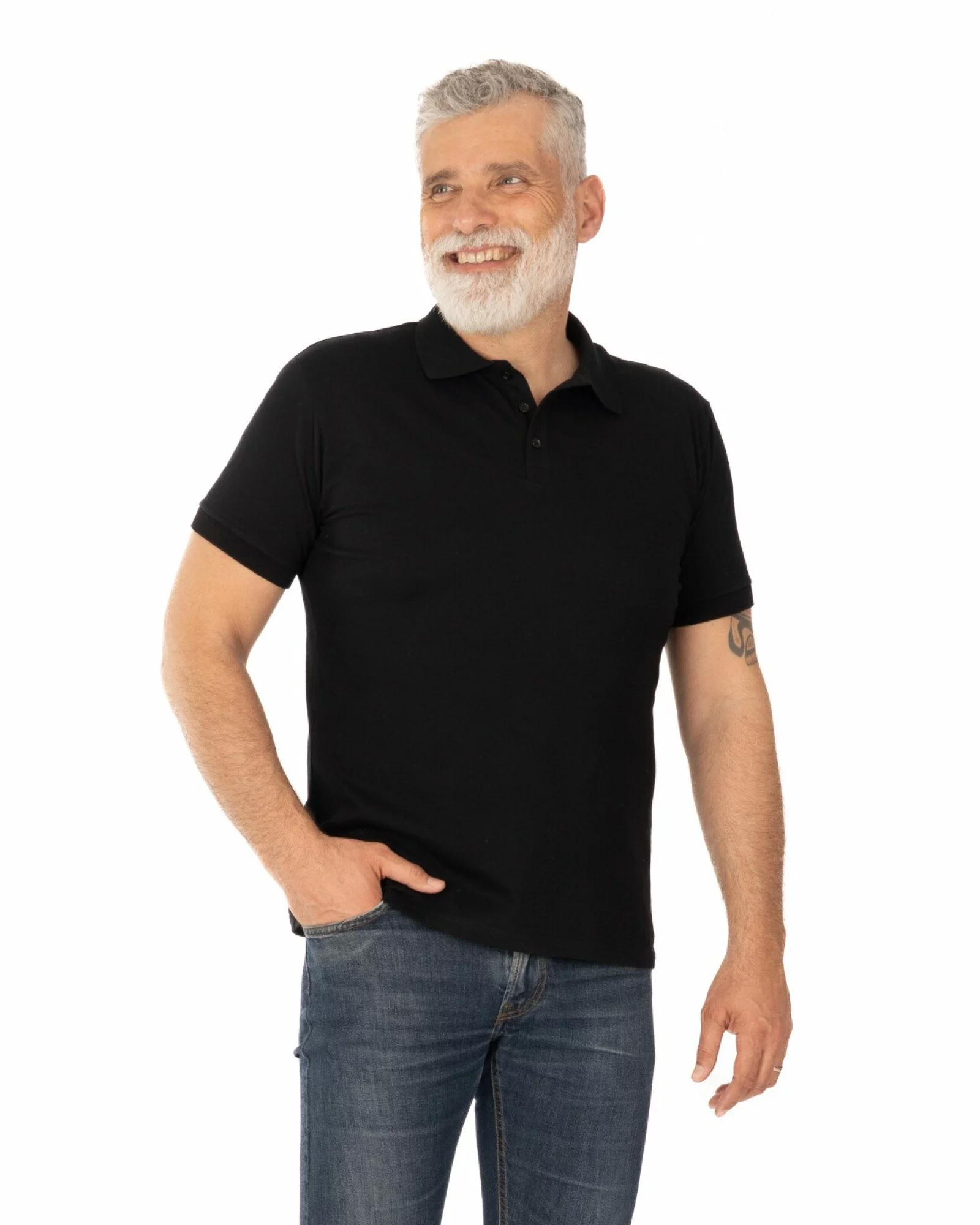 Tricou polo pique negru din bumbac cu inserție imprimată