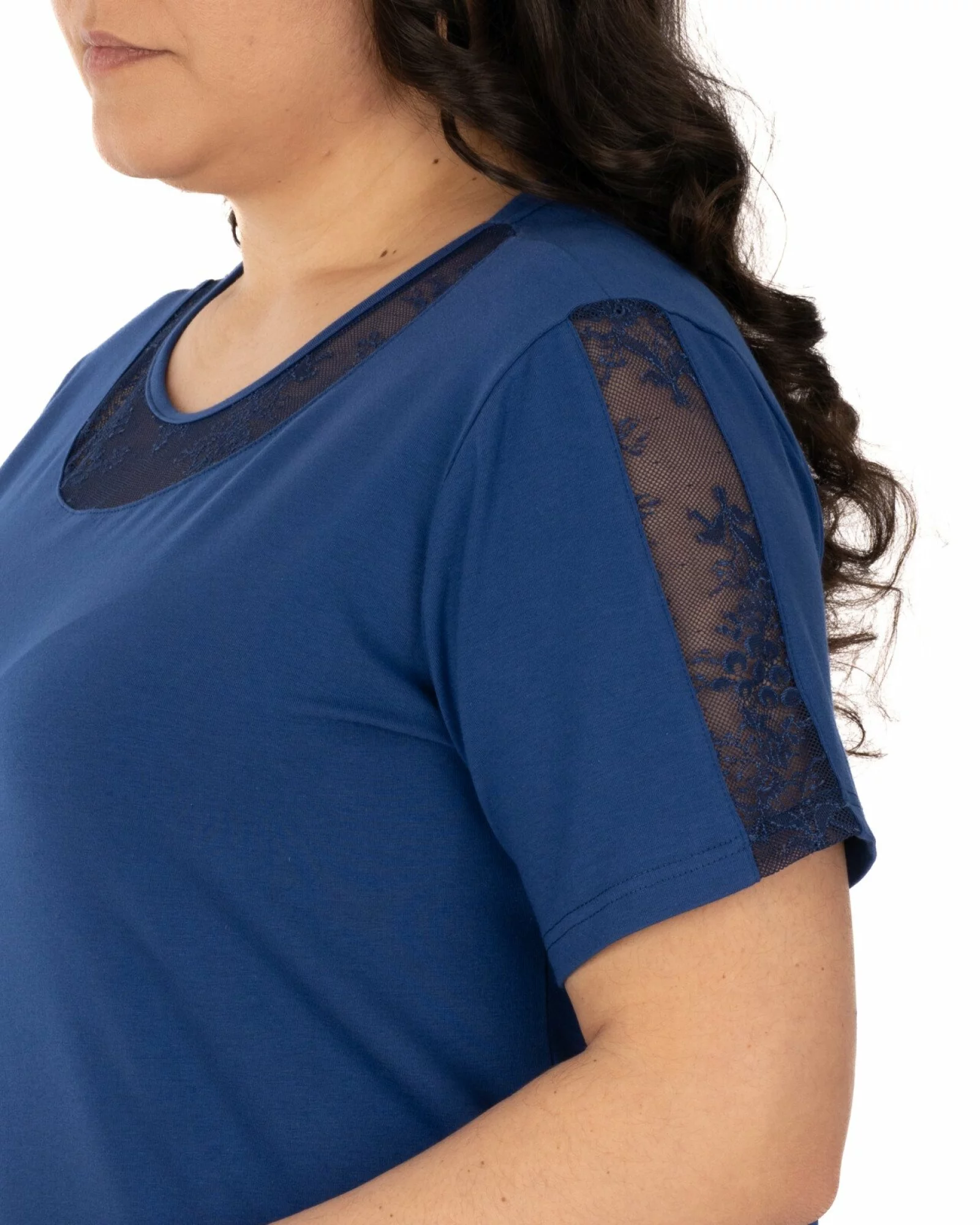 Tricou marimi mari bleumarin din bumbac elastan cu dantelă
