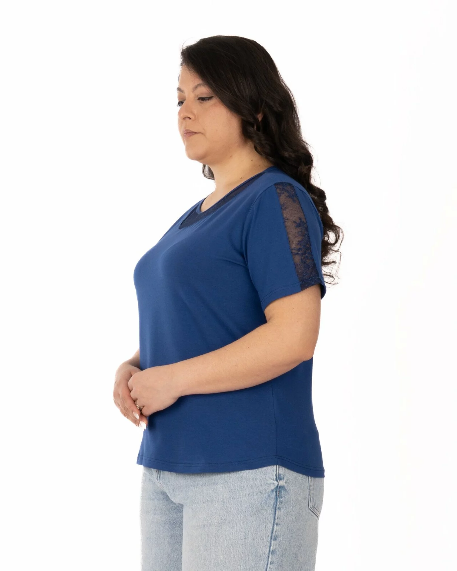 Tricou marimi mari bleumarin din bumbac elastan cu dantelă