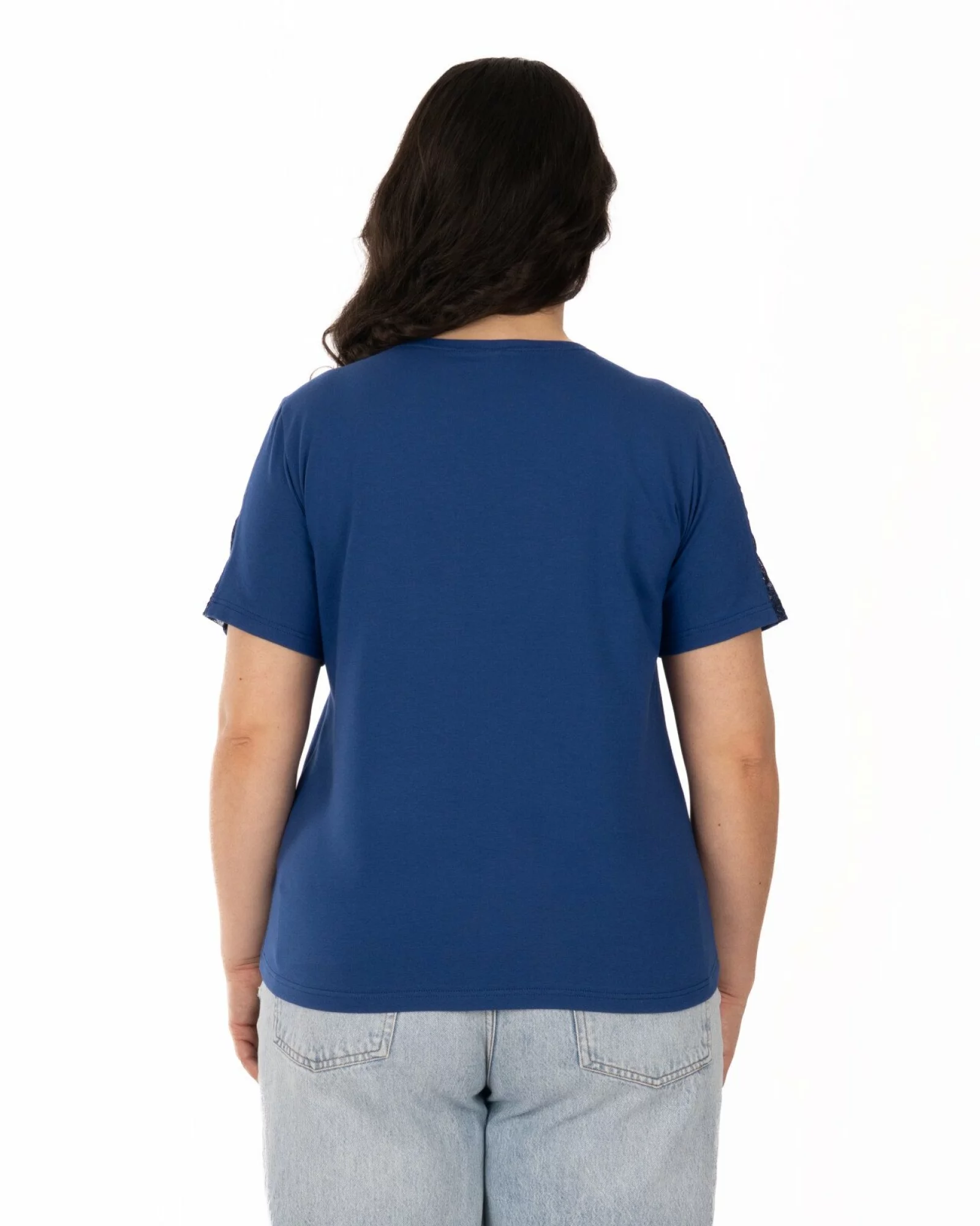 Tricou marimi mari bleumarin din bumbac elastan cu dantelă