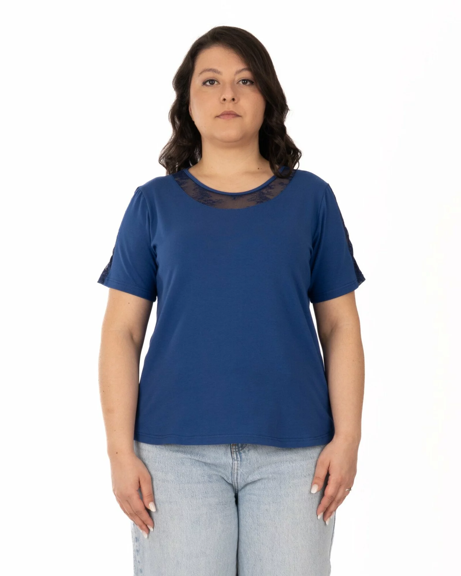 Tricou marimi mari bleumarin din bumbac elastan cu dantelă
