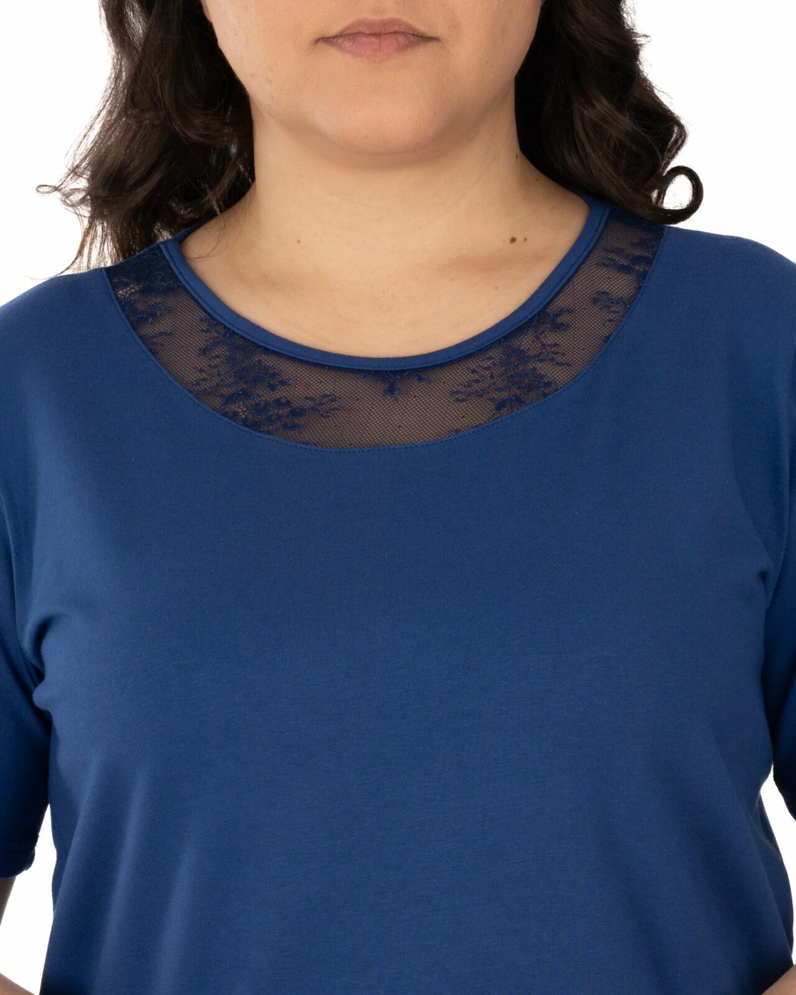 Tricou marimi mari bleumarin din bumbac elastan cu dantelă