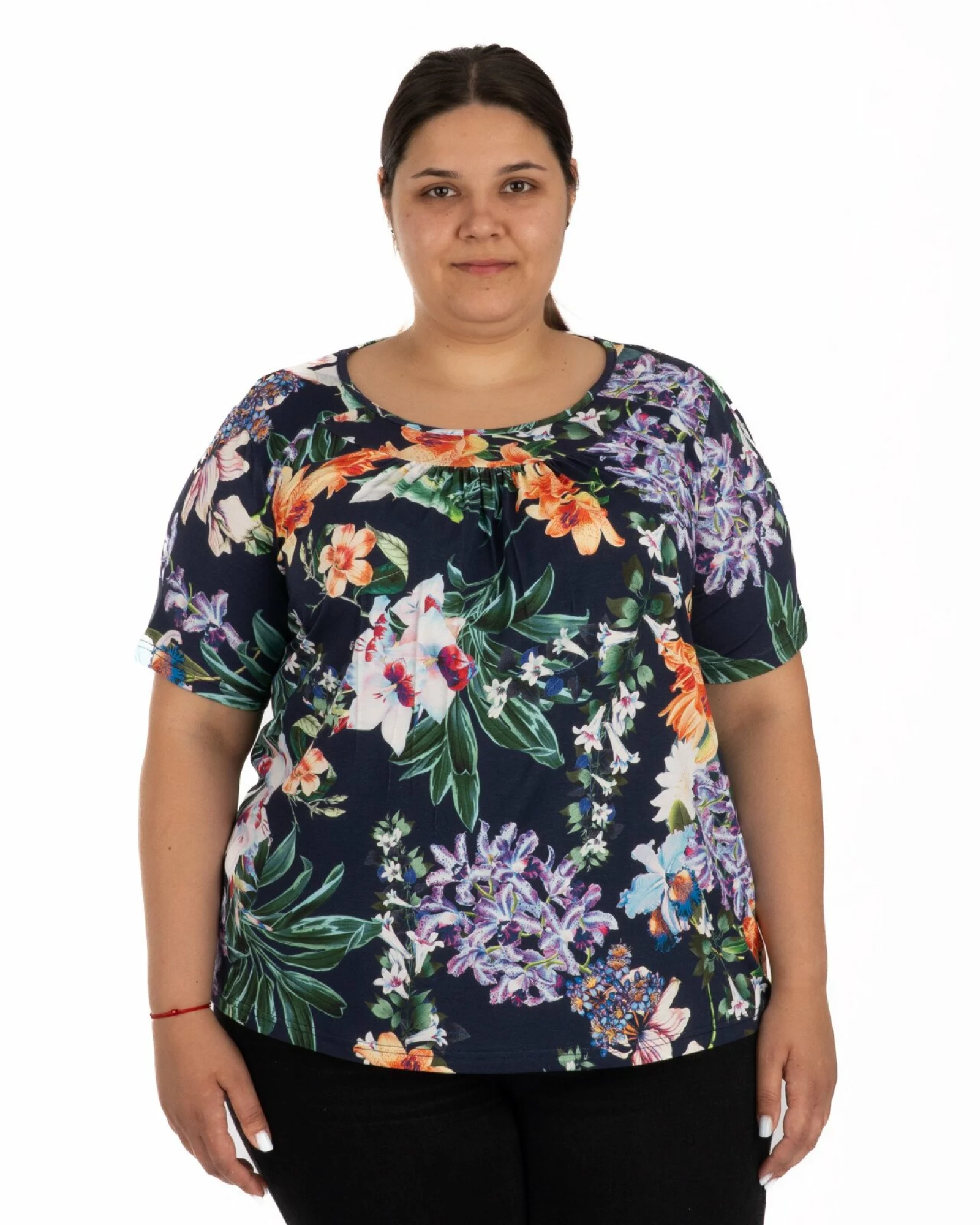 Tricou marimi mari bleumarin din vâscoză elastan cu guler conturat