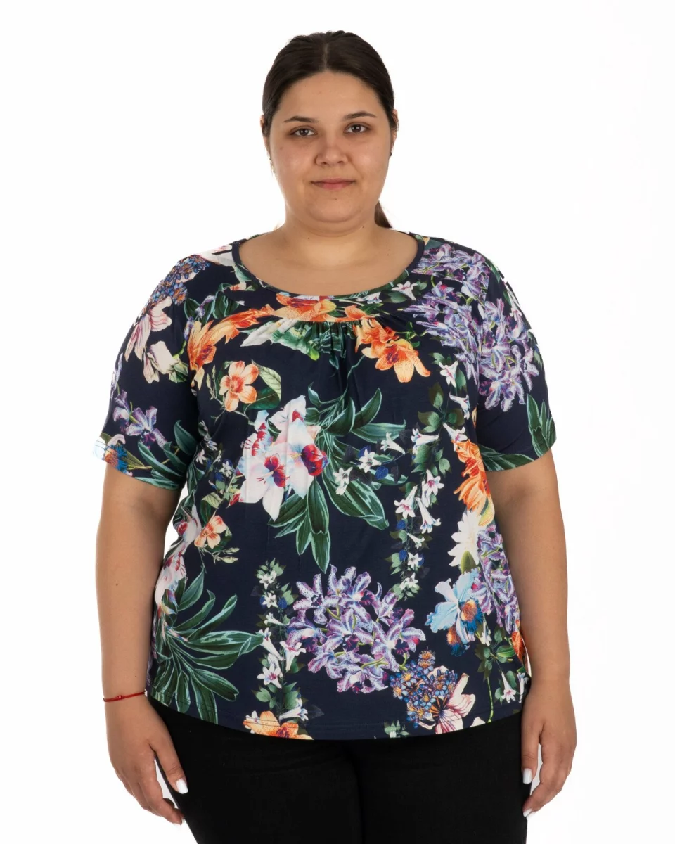 Tricou marimi mari bleumarin din vâscoză elastan cu guler conturat