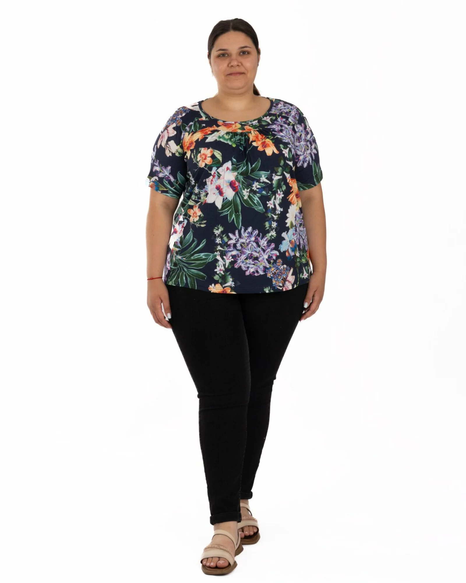 Tricou marimi mari bleumarin din vâscoză elastan cu guler conturat
