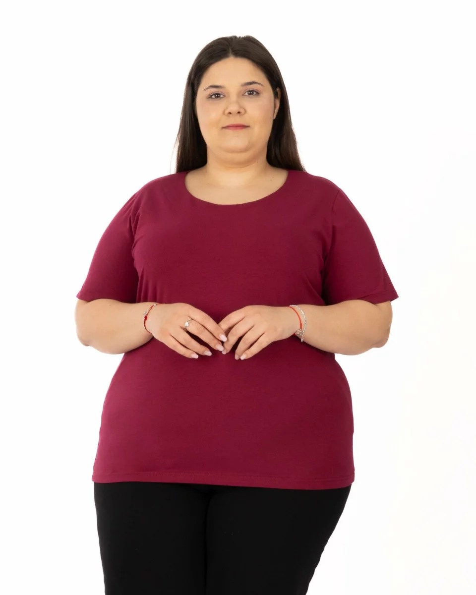 Tricou marimi mari bordo din bumbac elastan cu decolteu conturat