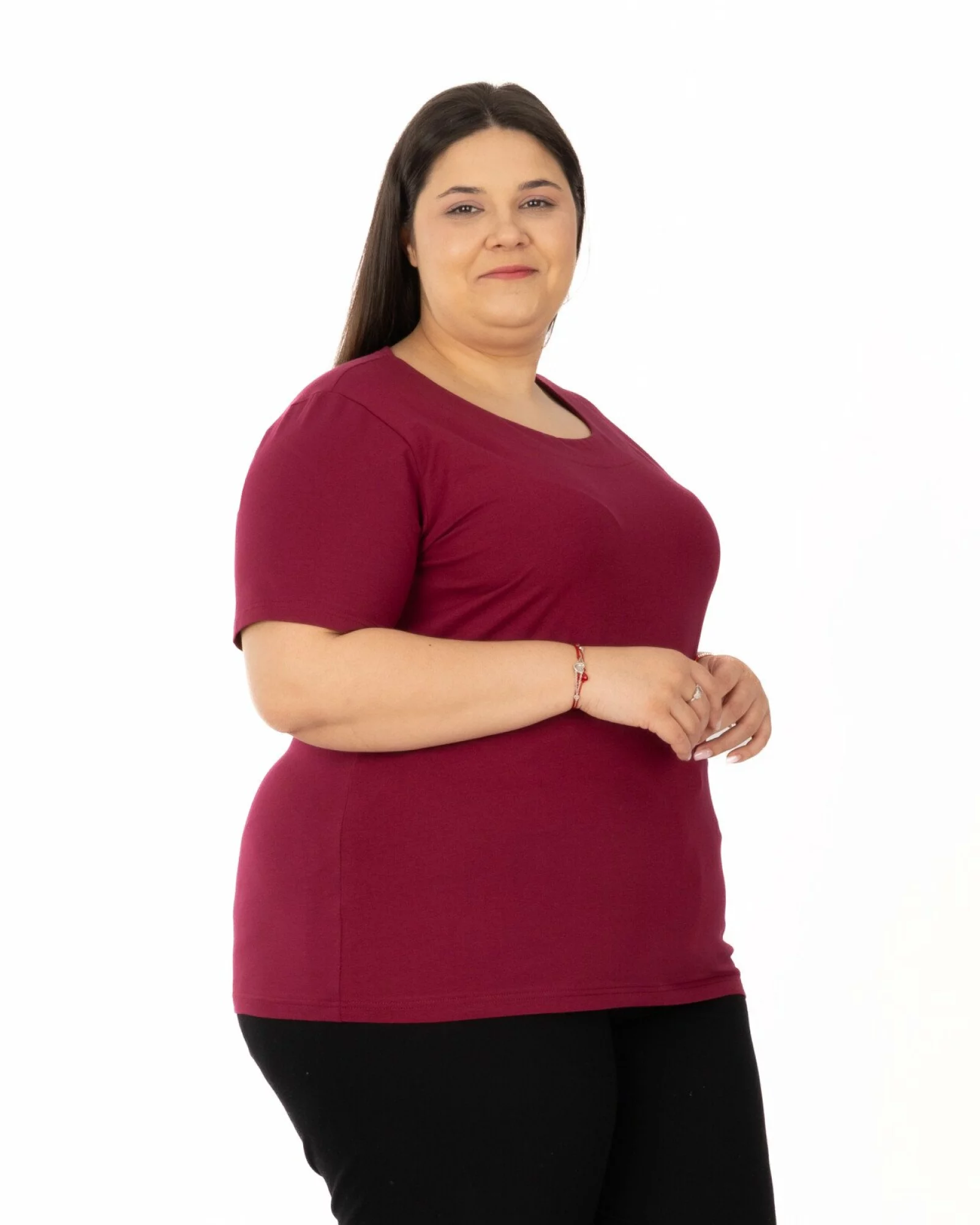 Tricou marimi mari bordo din bumbac elastan cu decolteu conturat
