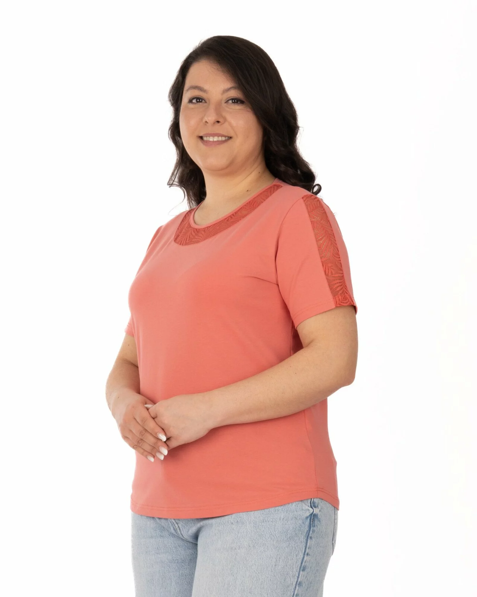 Tricou marimi mari coral din bumbac elastan cu dantelă