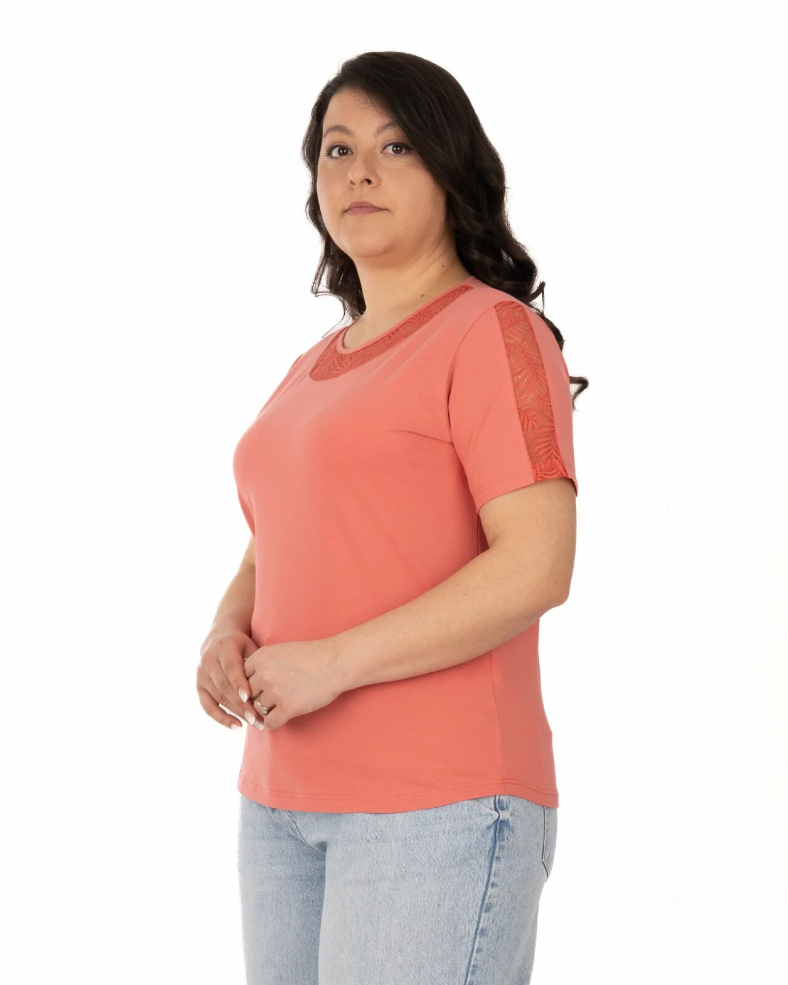 Tricou marimi mari coral din bumbac elastan cu dantelă