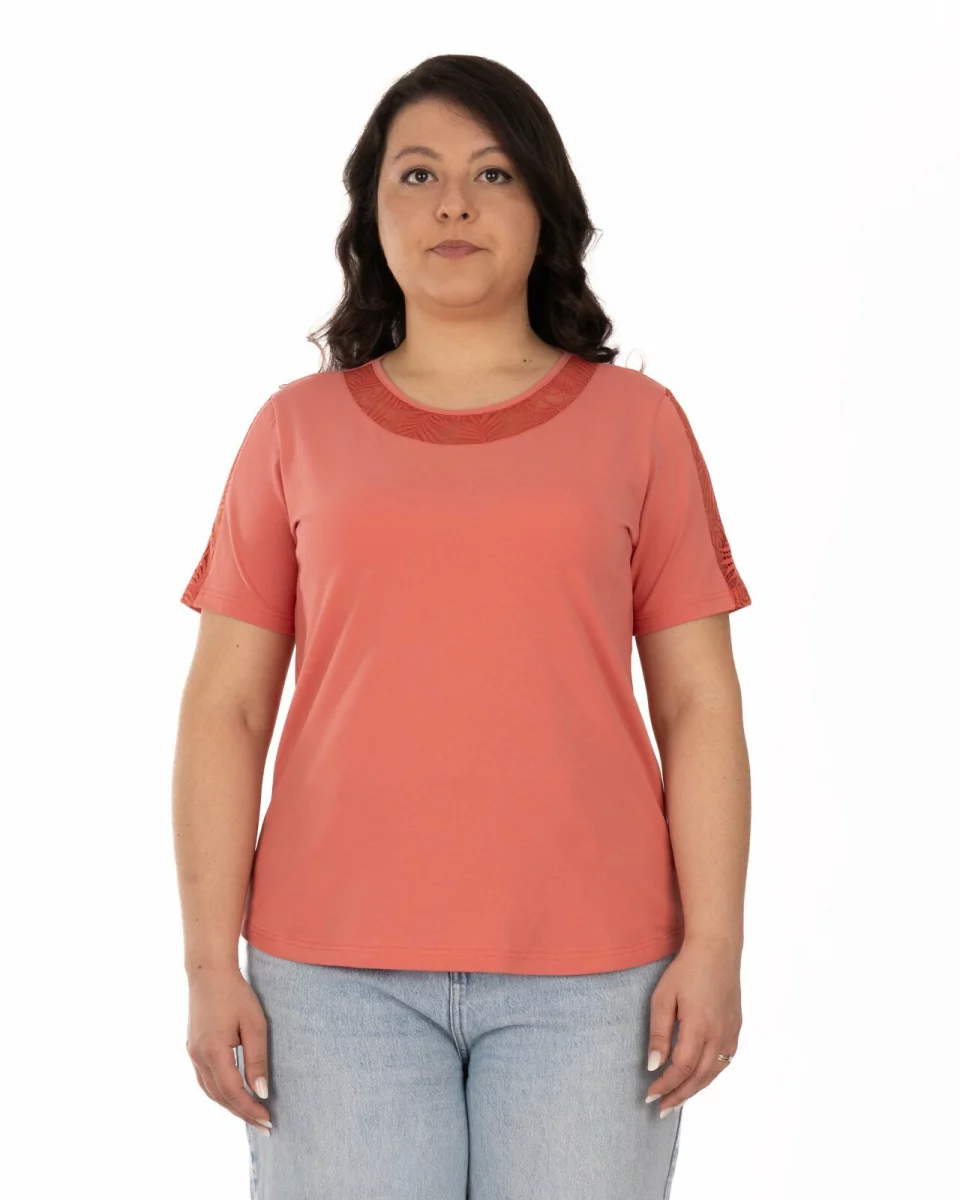 Tricou marimi mari coral din bumbac elastan cu dantelă