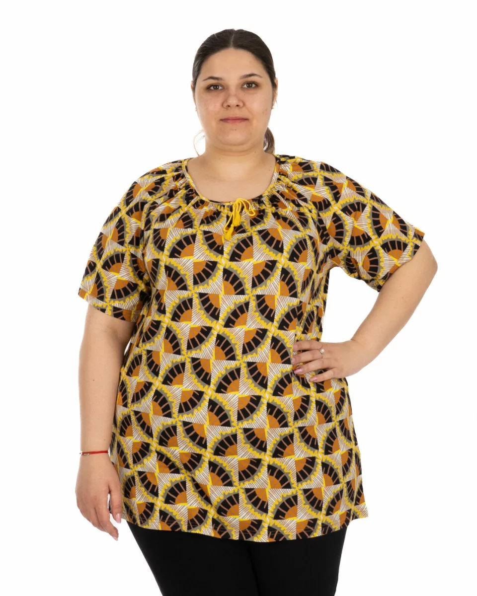 Tricou marimi mari galben din vâscoză elastan cu fronseu la decolteu