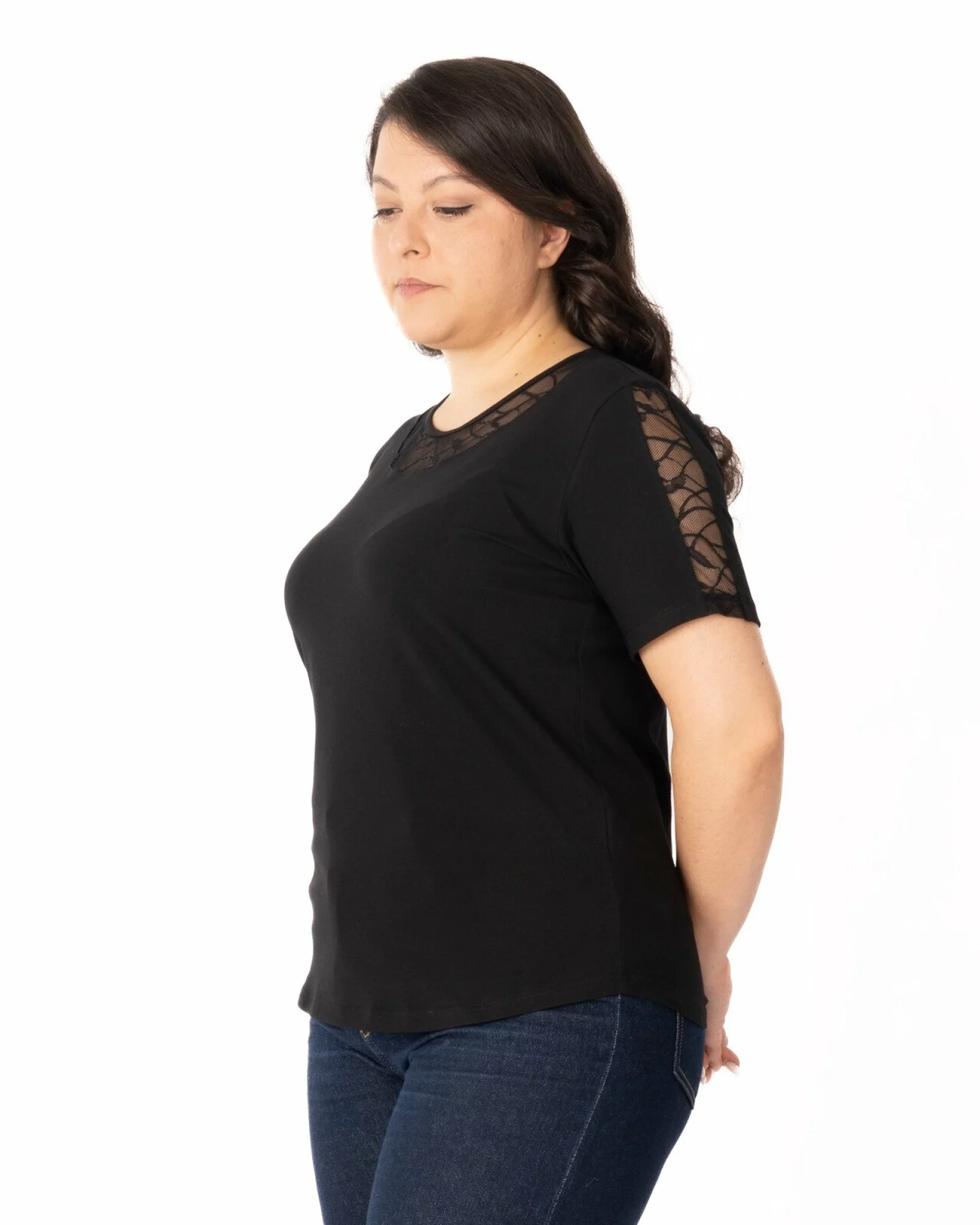 Tricou marimi mari negru din bumbac elastan cu dantelă