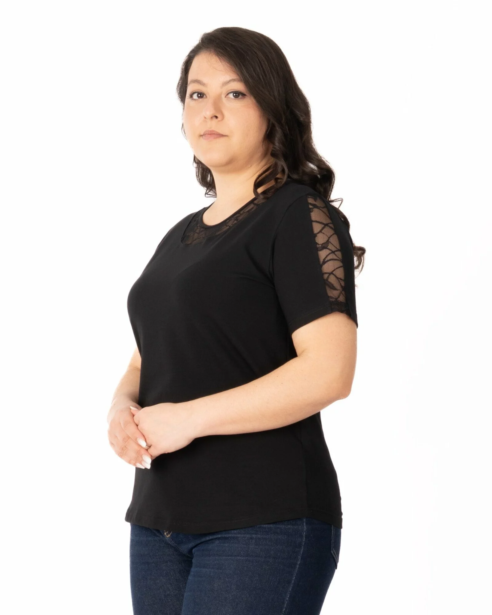Tricou marimi mari negru din bumbac elastan cu dantelă