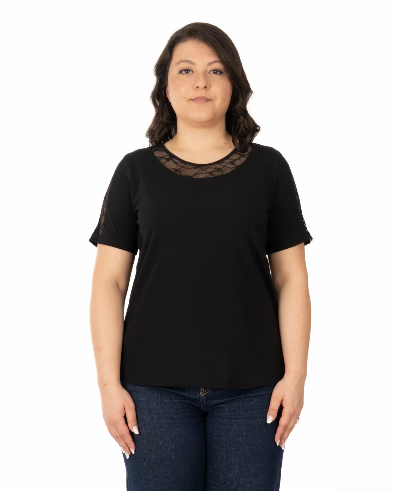Tricou marimi mari negru din bumbac elastan cu dantelă