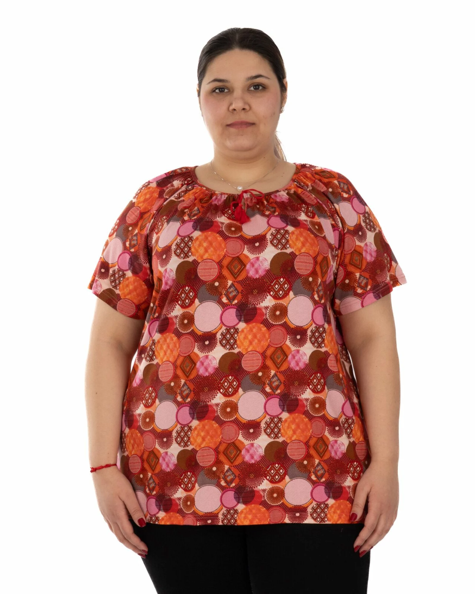 Tricou marimi mari roșu din vâscoză elastan cu fronseu la decolteu