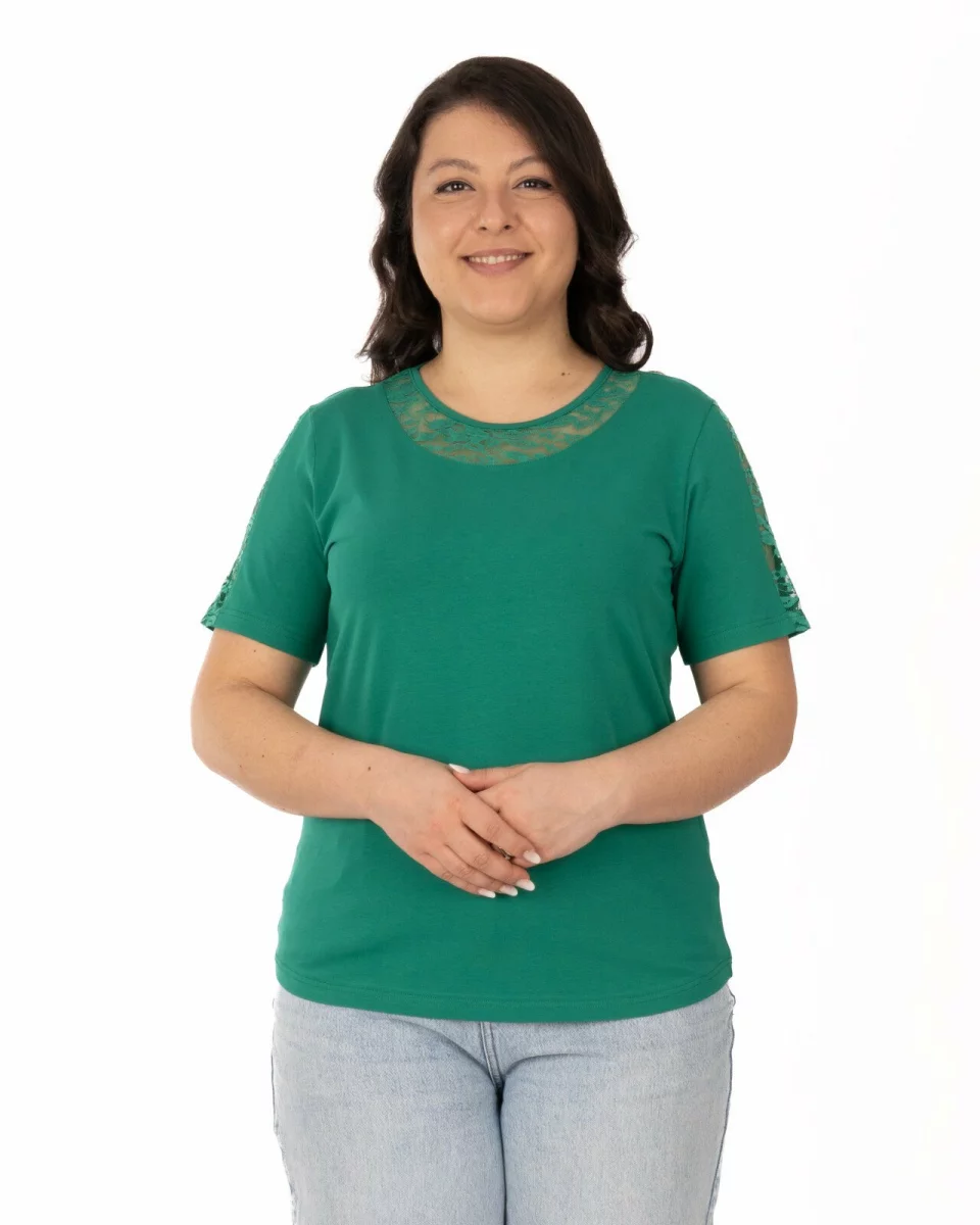 Tricou marimi mari verde din bumbac elastan cu dantelă