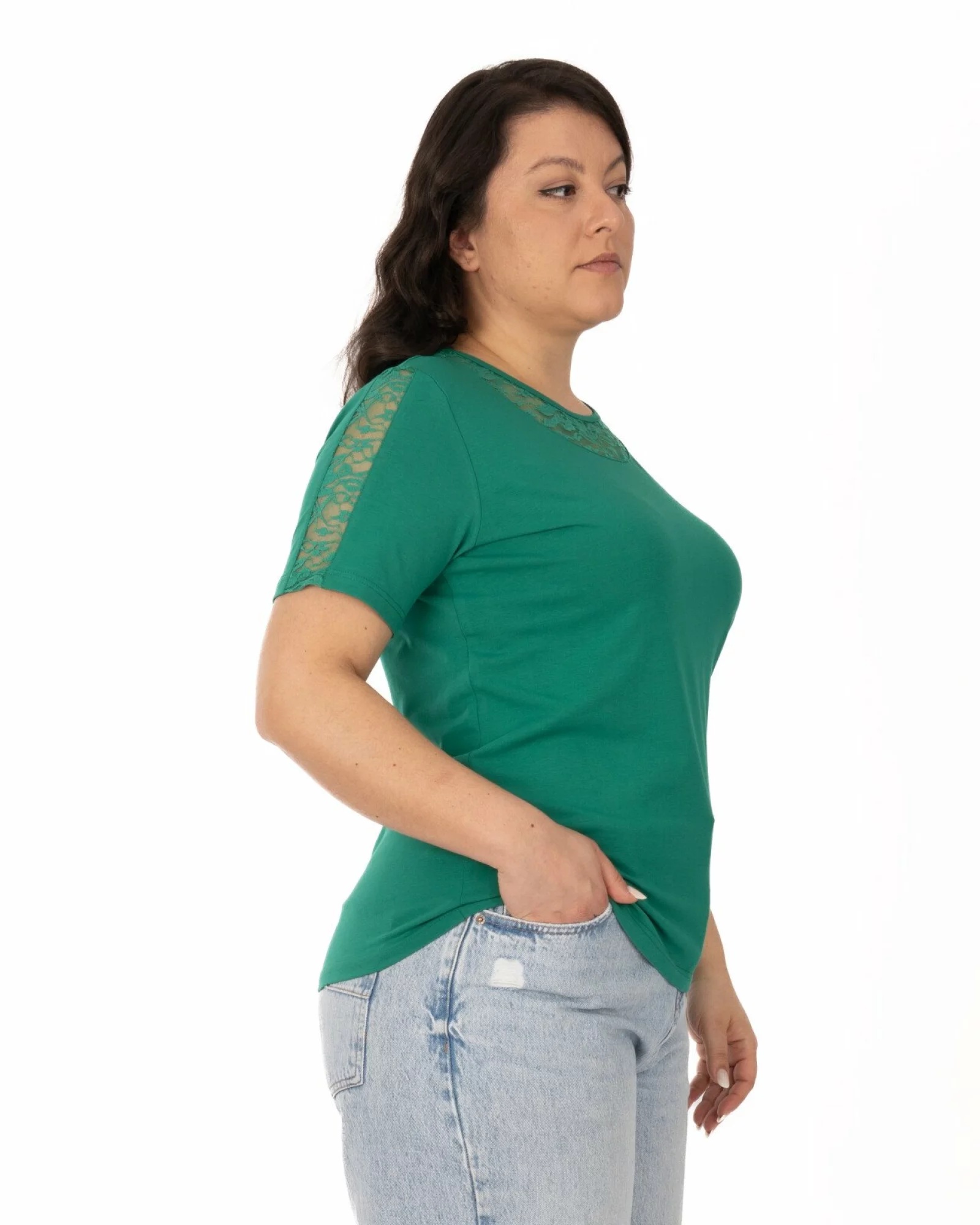 Tricou marimi mari verde din bumbac elastan cu dantelă