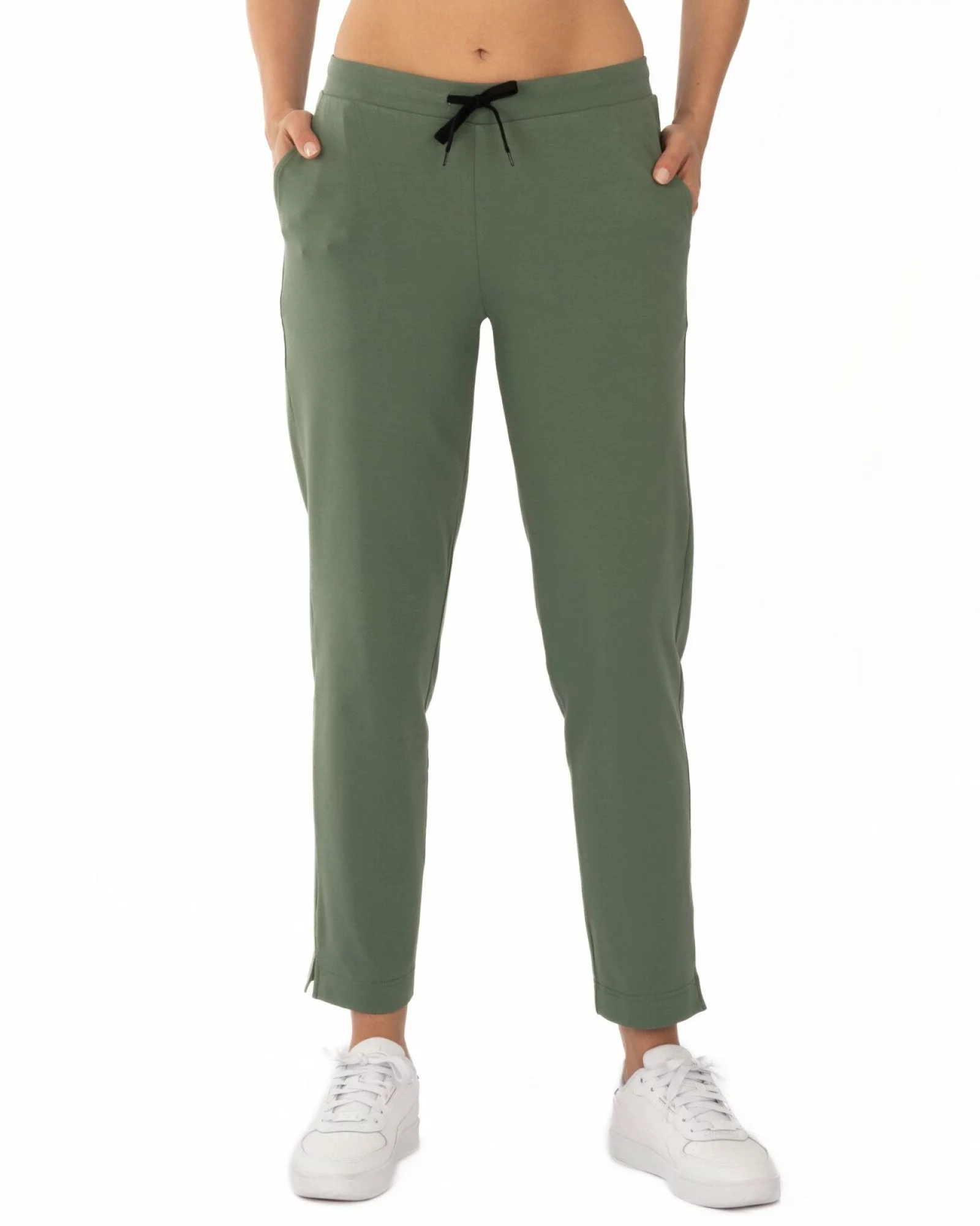 Pantaloni oliv de vară conici 7/8 cu șliț lateral