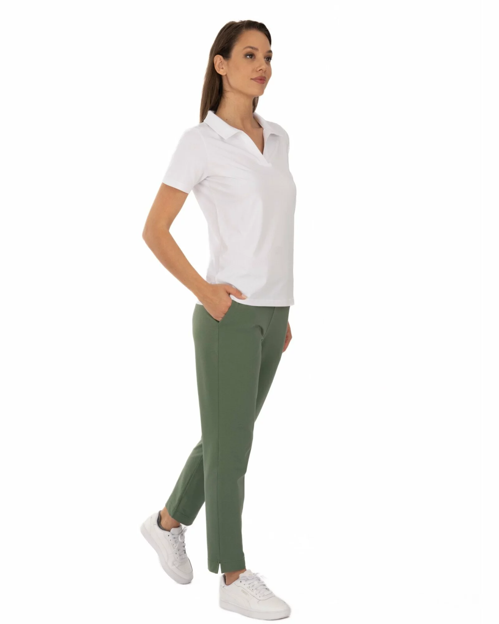 Pantaloni oliv de vară conici 7/8 cu șliț lateral