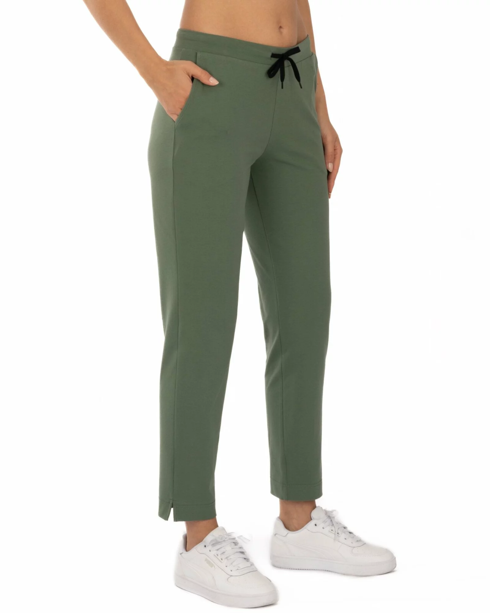 Pantaloni oliv de vară conici 7/8 cu șliț lateral