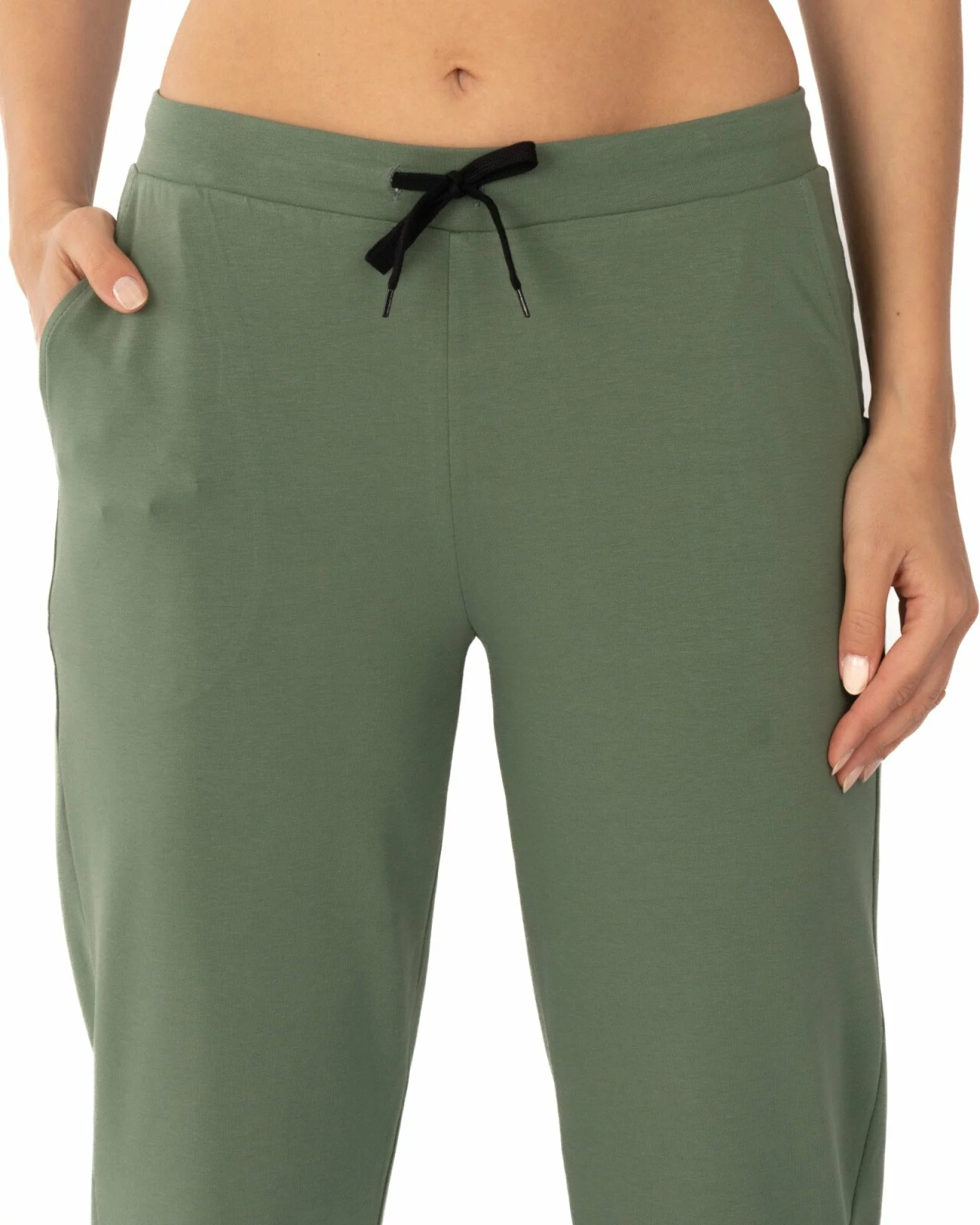 Pantaloni oliv de vară conici 7/8 cu șliț lateral