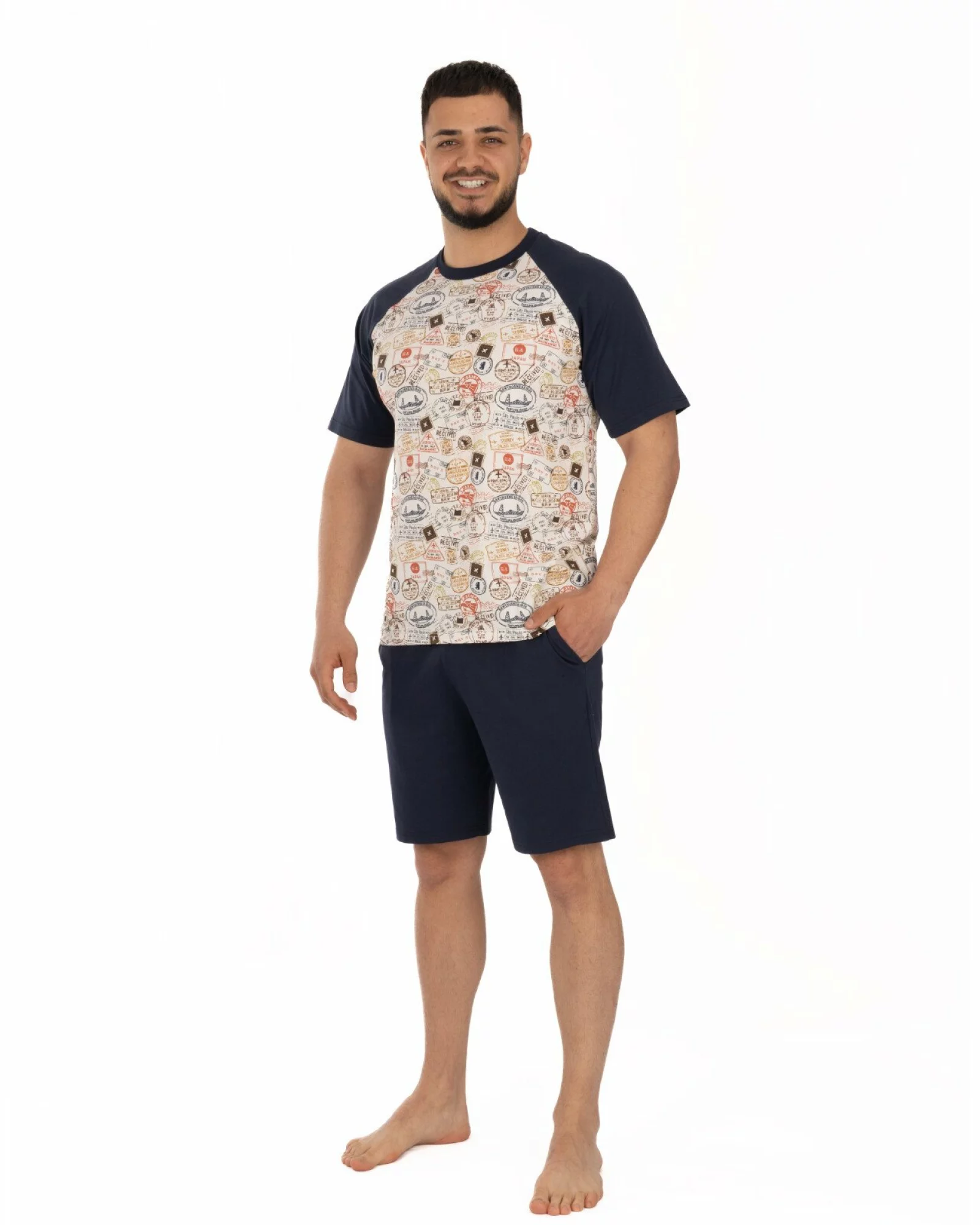 Pijama bleumarin bumbac ușor, model raglan