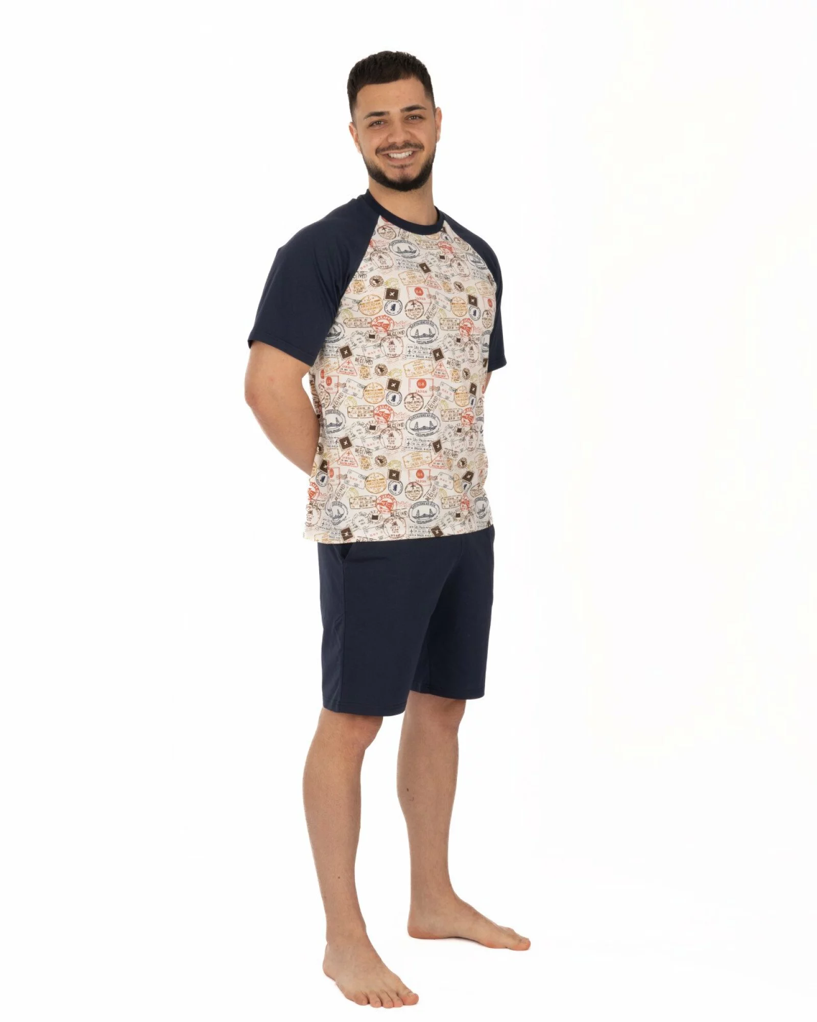 Pijama bleumarin bumbac ușor, model raglan