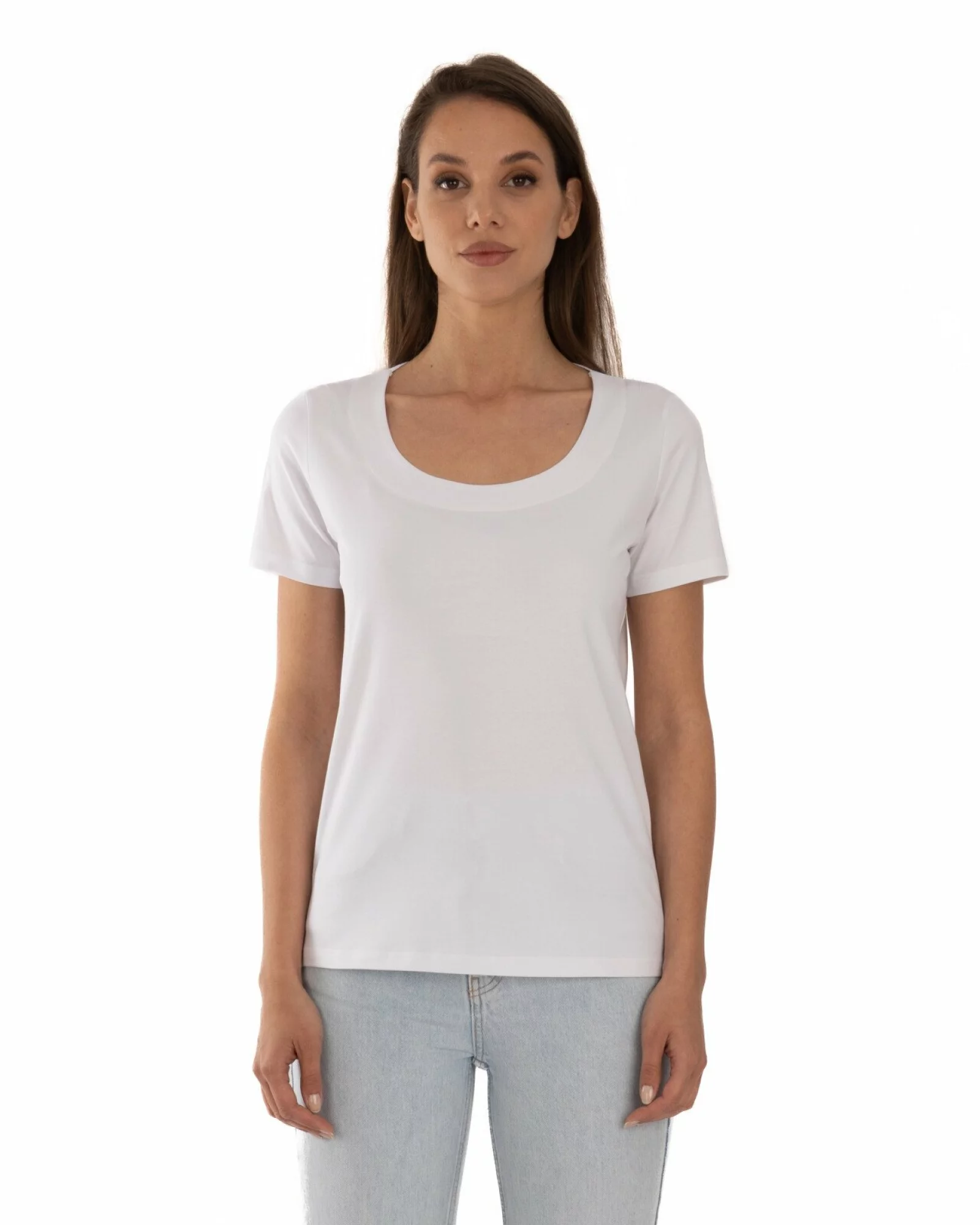 Tricou alb din bumbac elastan cu decolteu conturat deschis