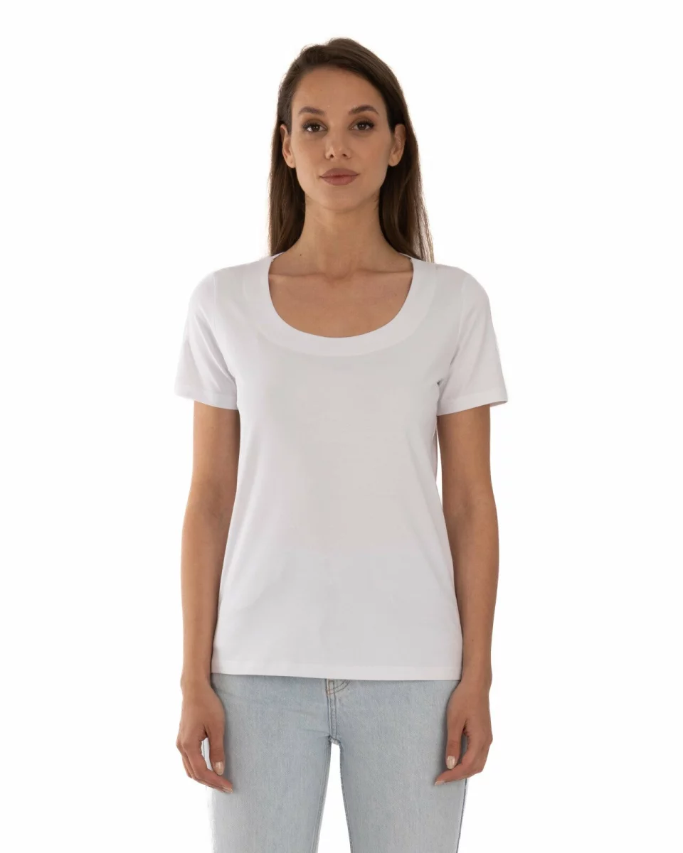 Tricou alb din bumbac elastan cu decolteu conturat deschis