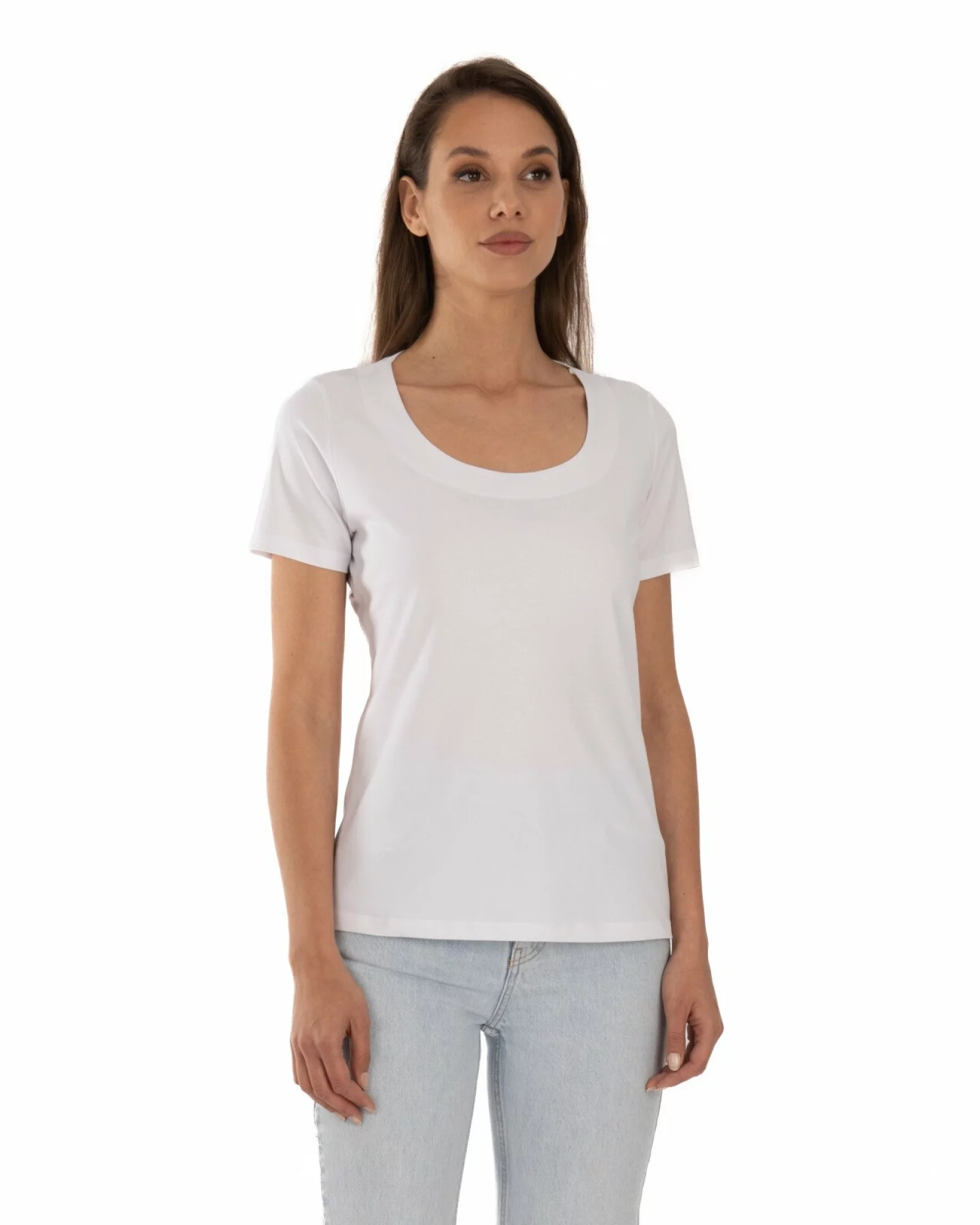 Tricou alb din bumbac elastan cu decolteu conturat deschis