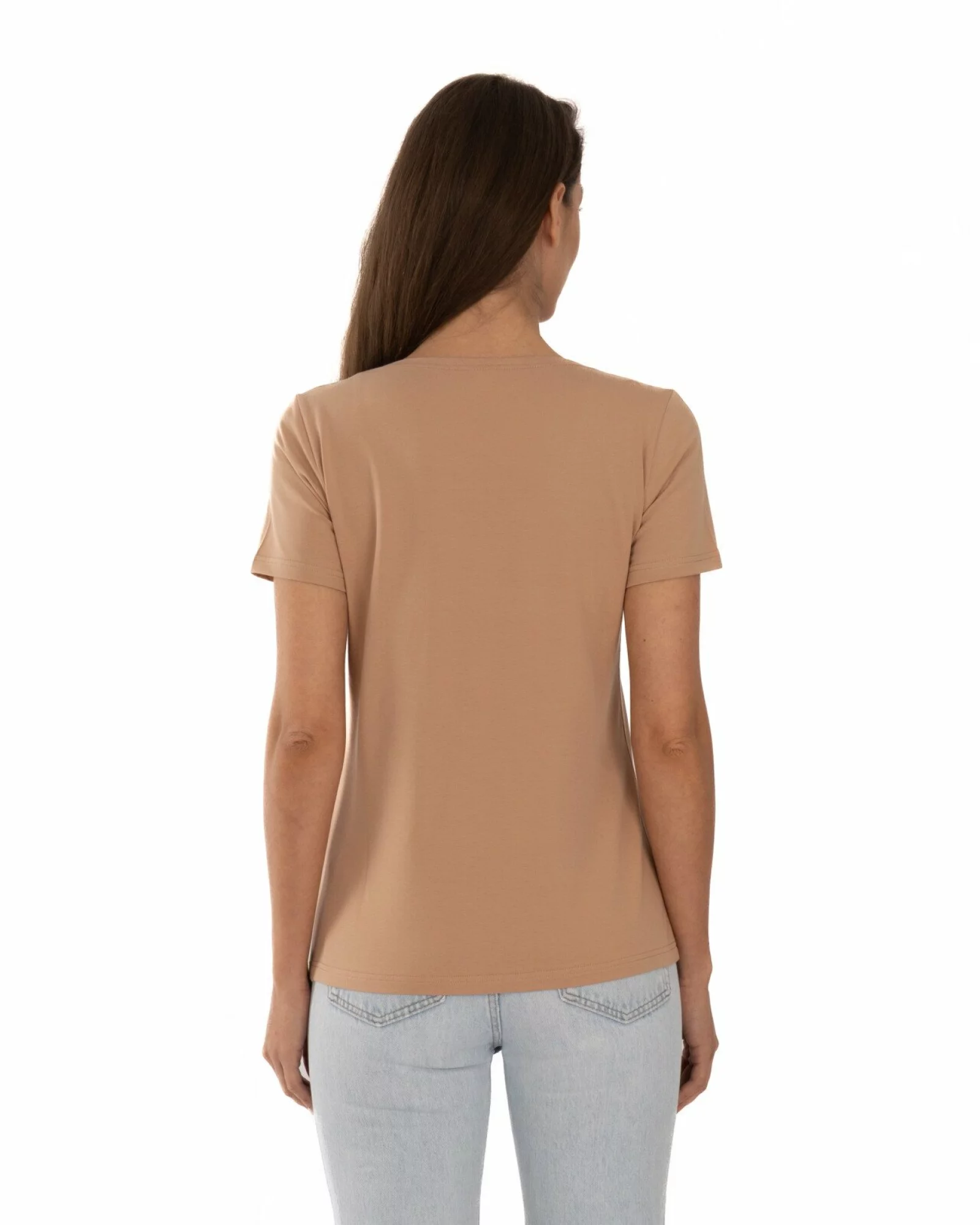 Tricou cappuccino din bumbac elastan cu decolteu conturat deschis