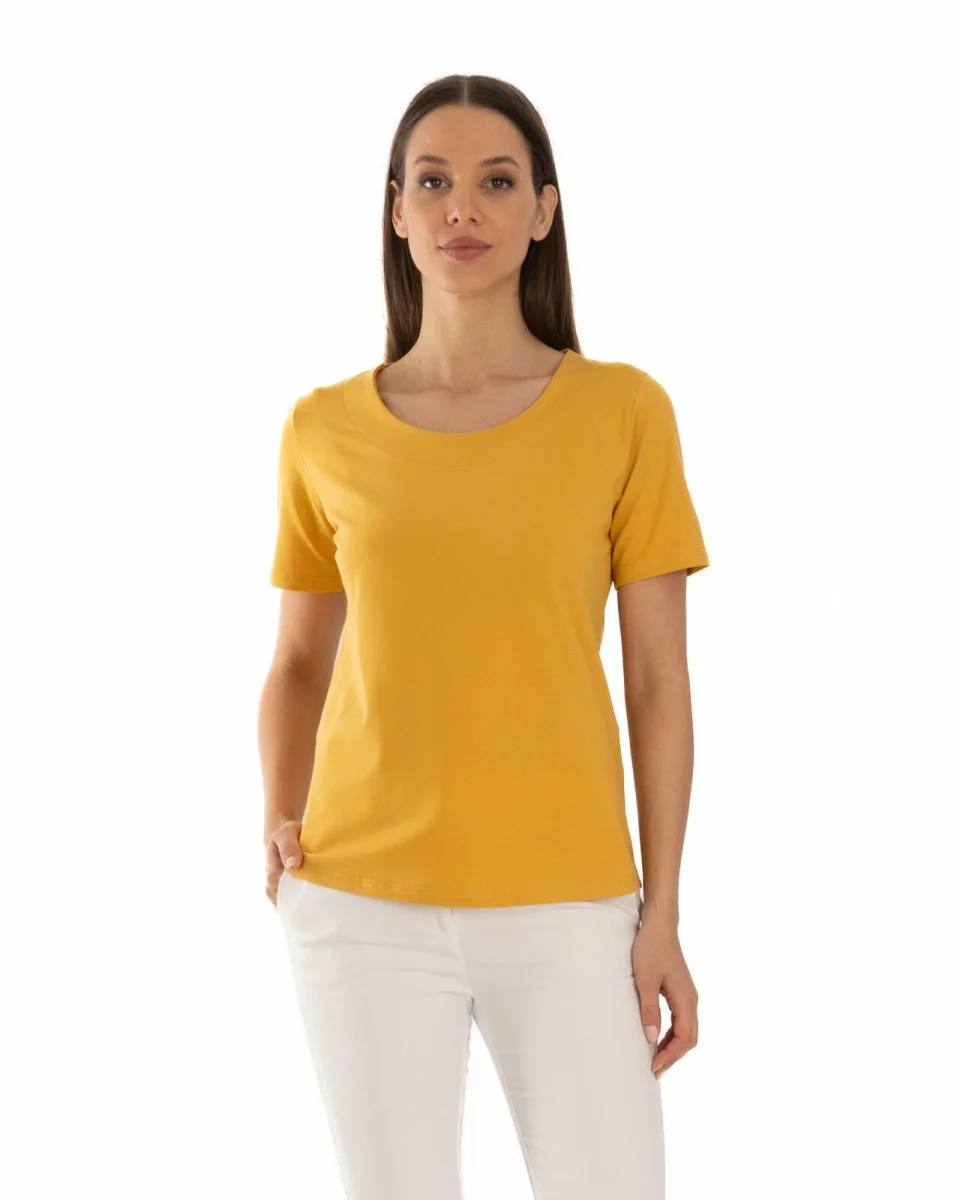 Tricou galben din bumbac elastan cu decolteu conturat