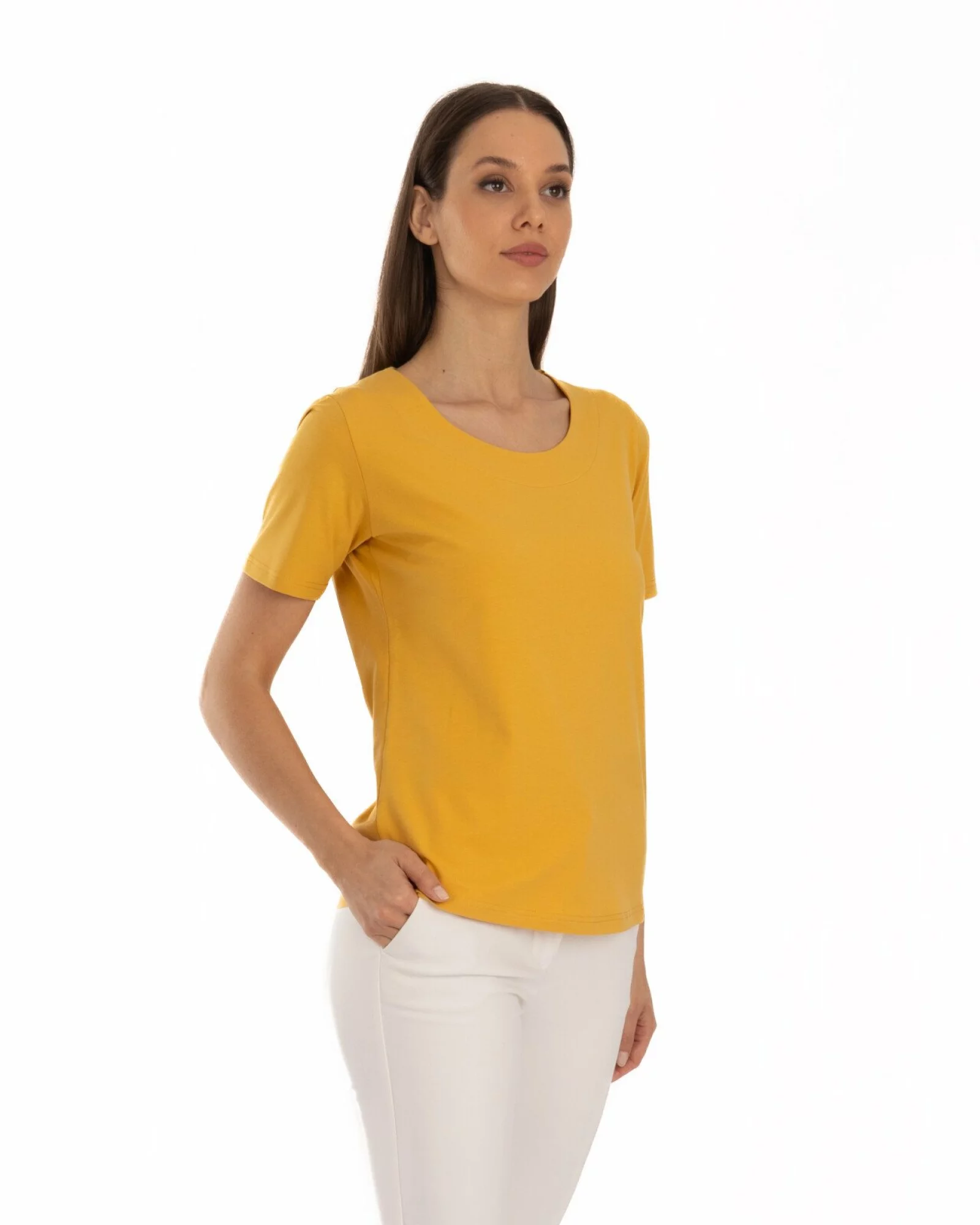 Tricou galben din bumbac elastan cu decolteu conturat