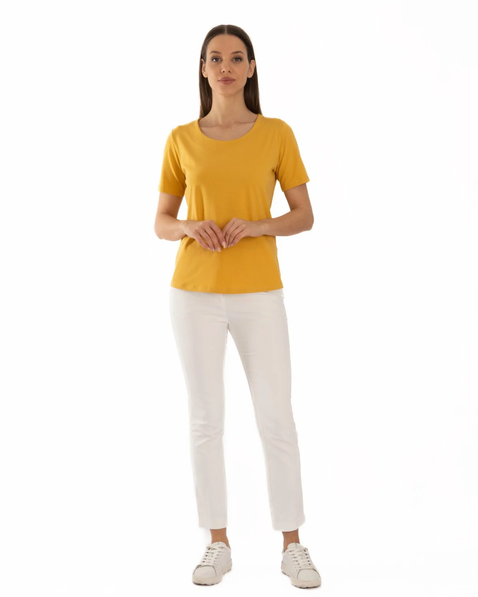 Tricou galben din bumbac elastan cu decolteu conturat