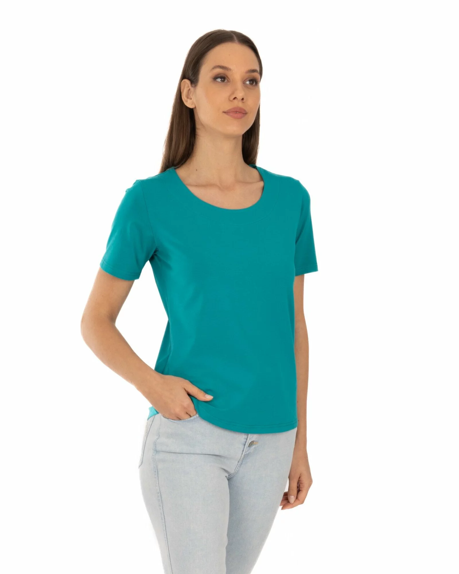 Tricou turcoaz din bumbac elastan cu decolteu conturat