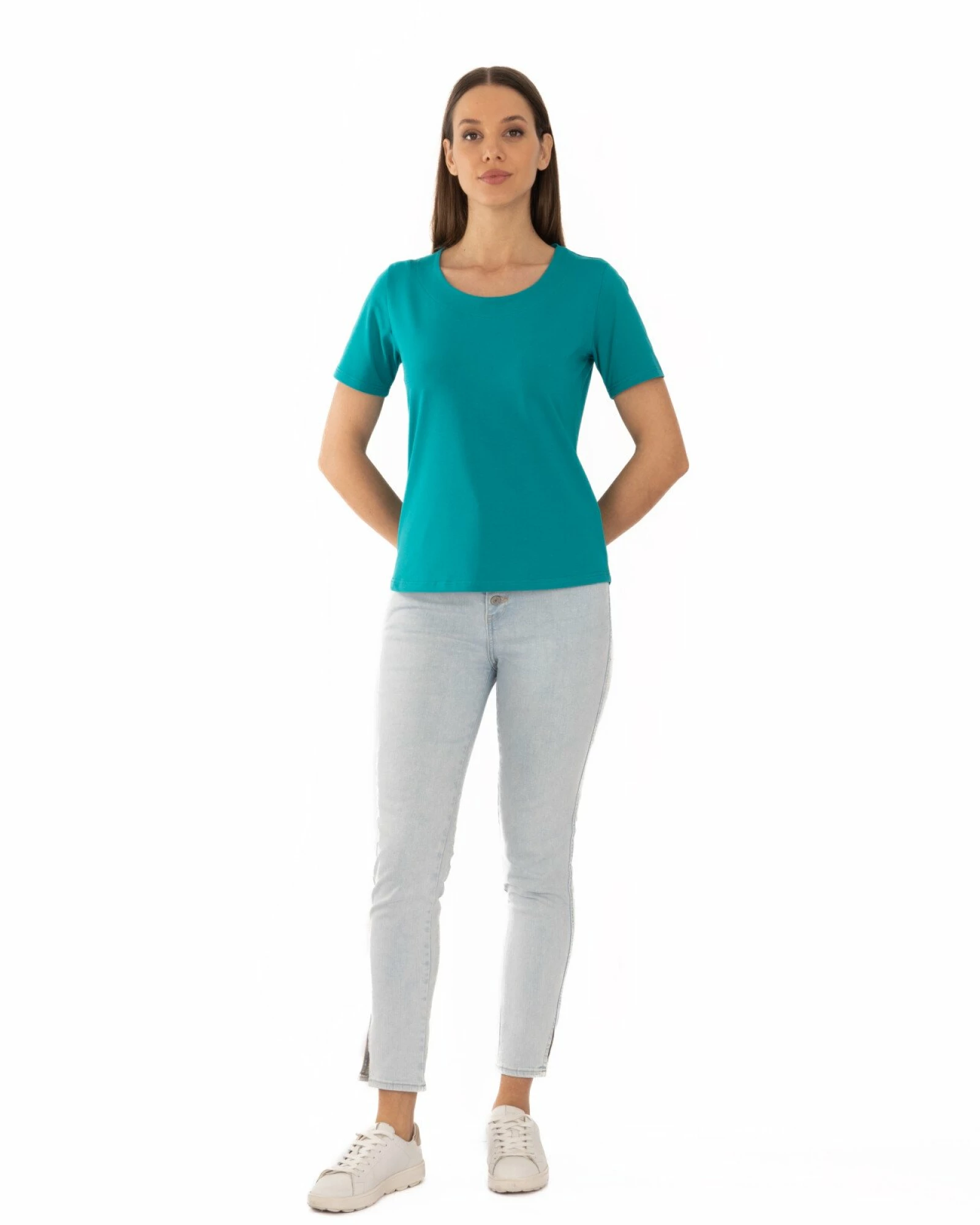 Tricou turcoaz din bumbac elastan cu decolteu conturat
