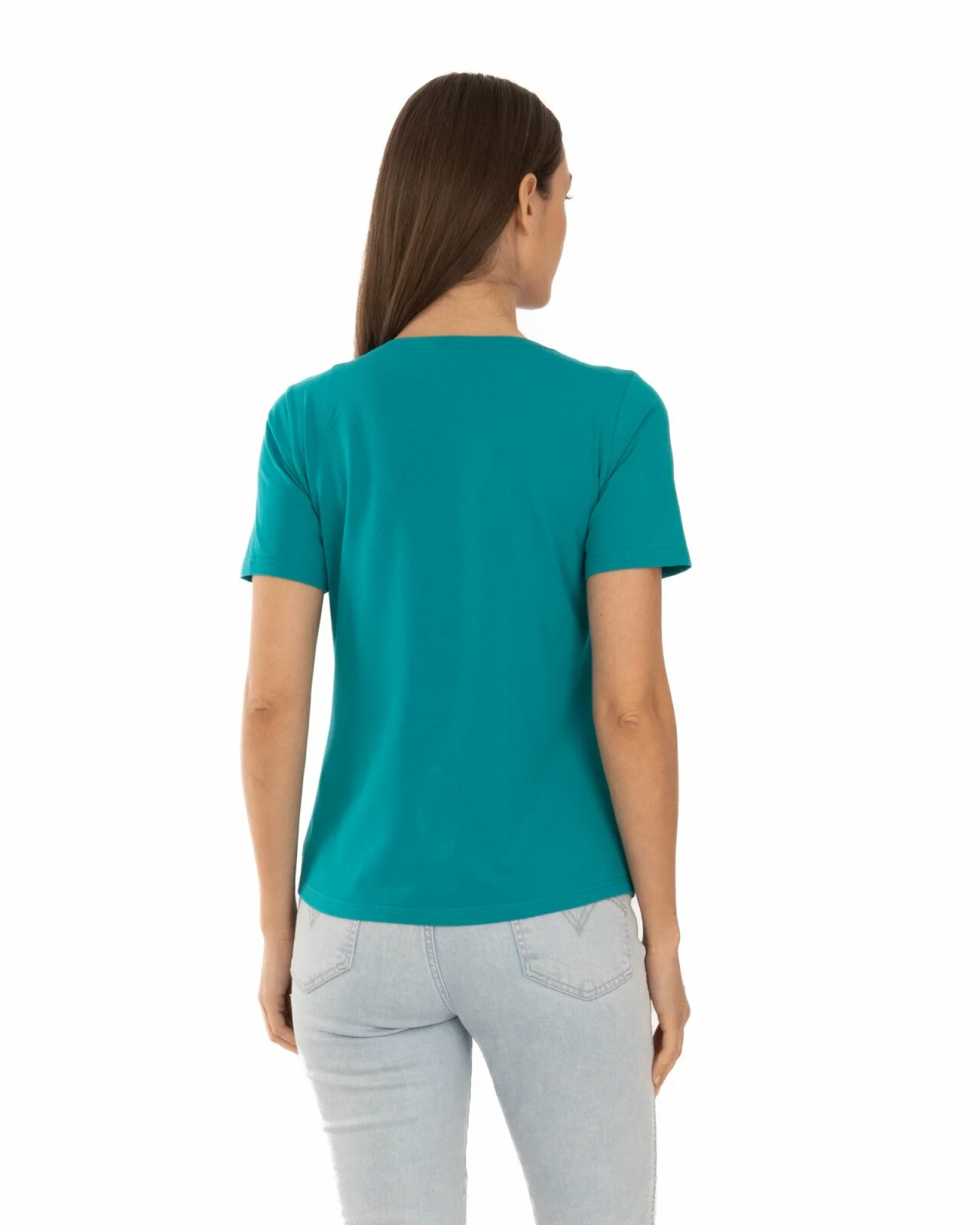 Tricou turcoaz din bumbac elastan cu decolteu conturat