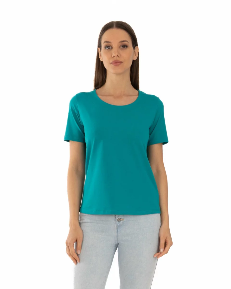 Tricou turcoaz din bumbac elastan cu decolteu conturat