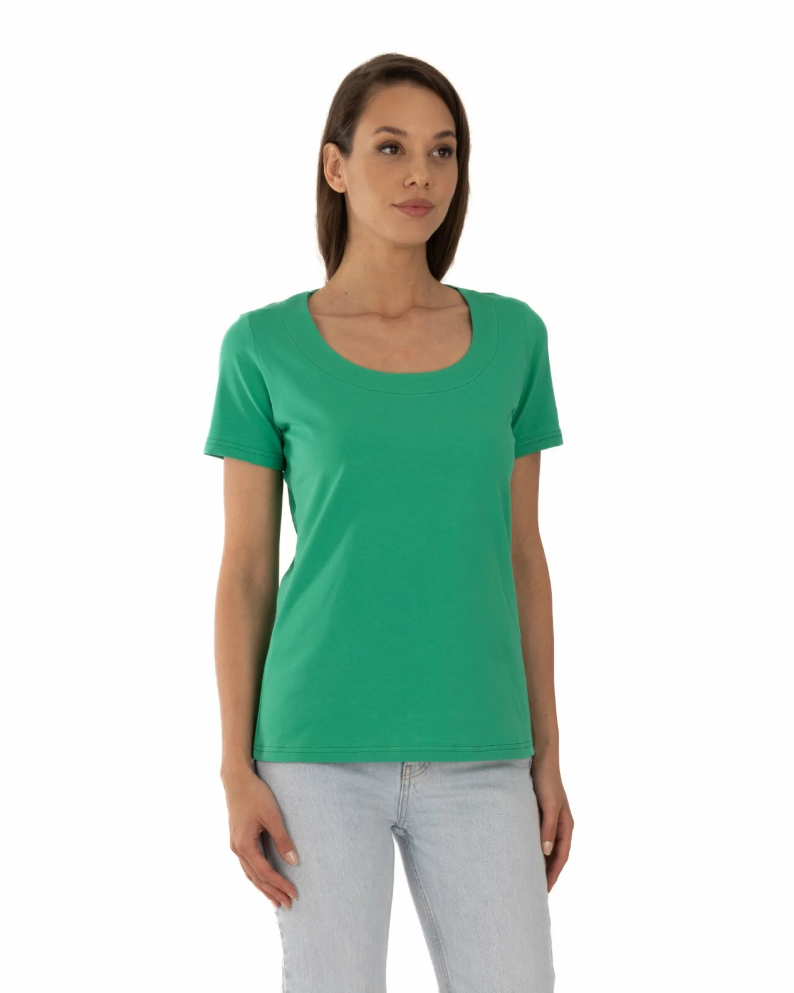 Tricou verde din bumbac elastan cu decolteu conturat deschis