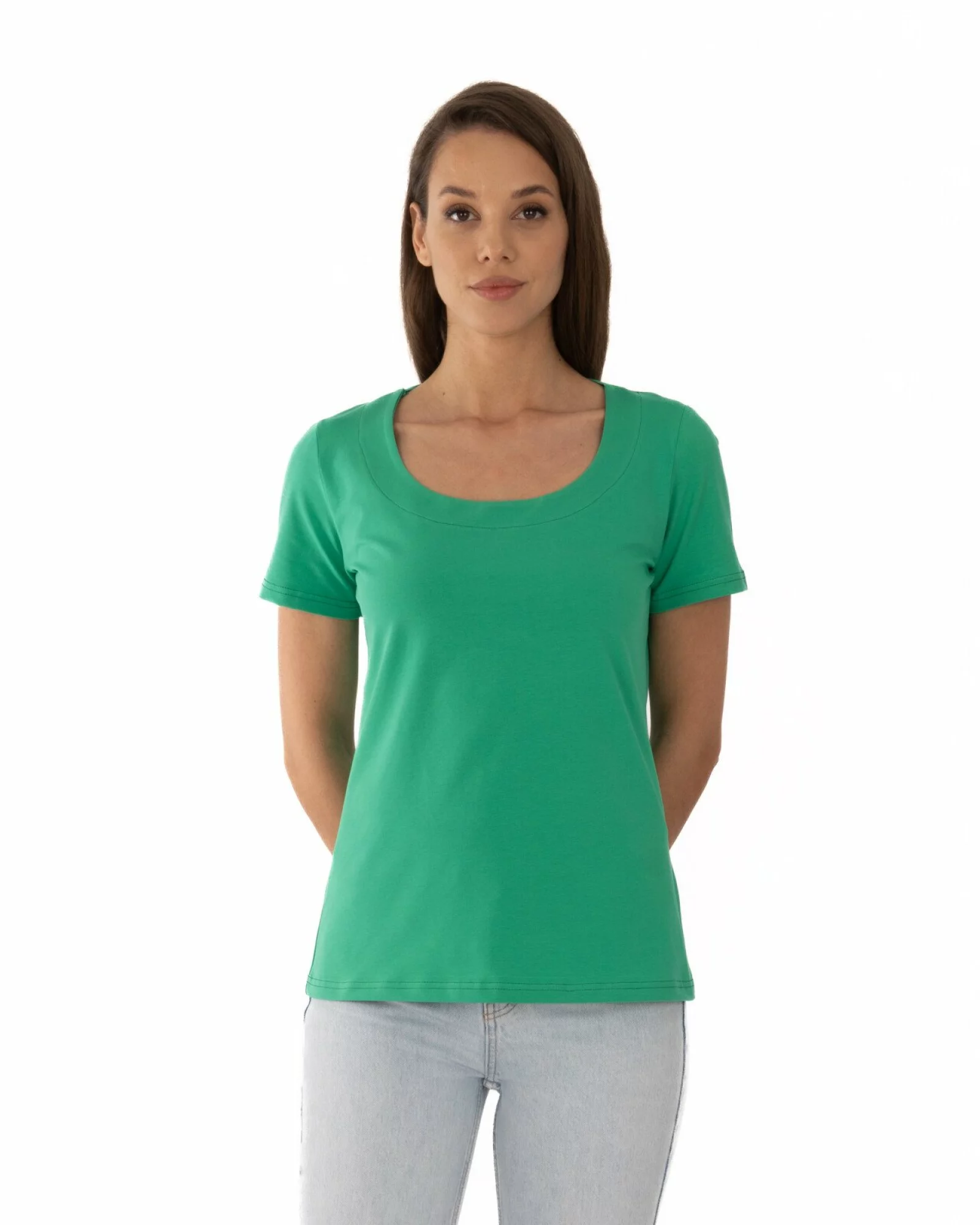 Tricou verde din bumbac elastan cu decolteu conturat deschis